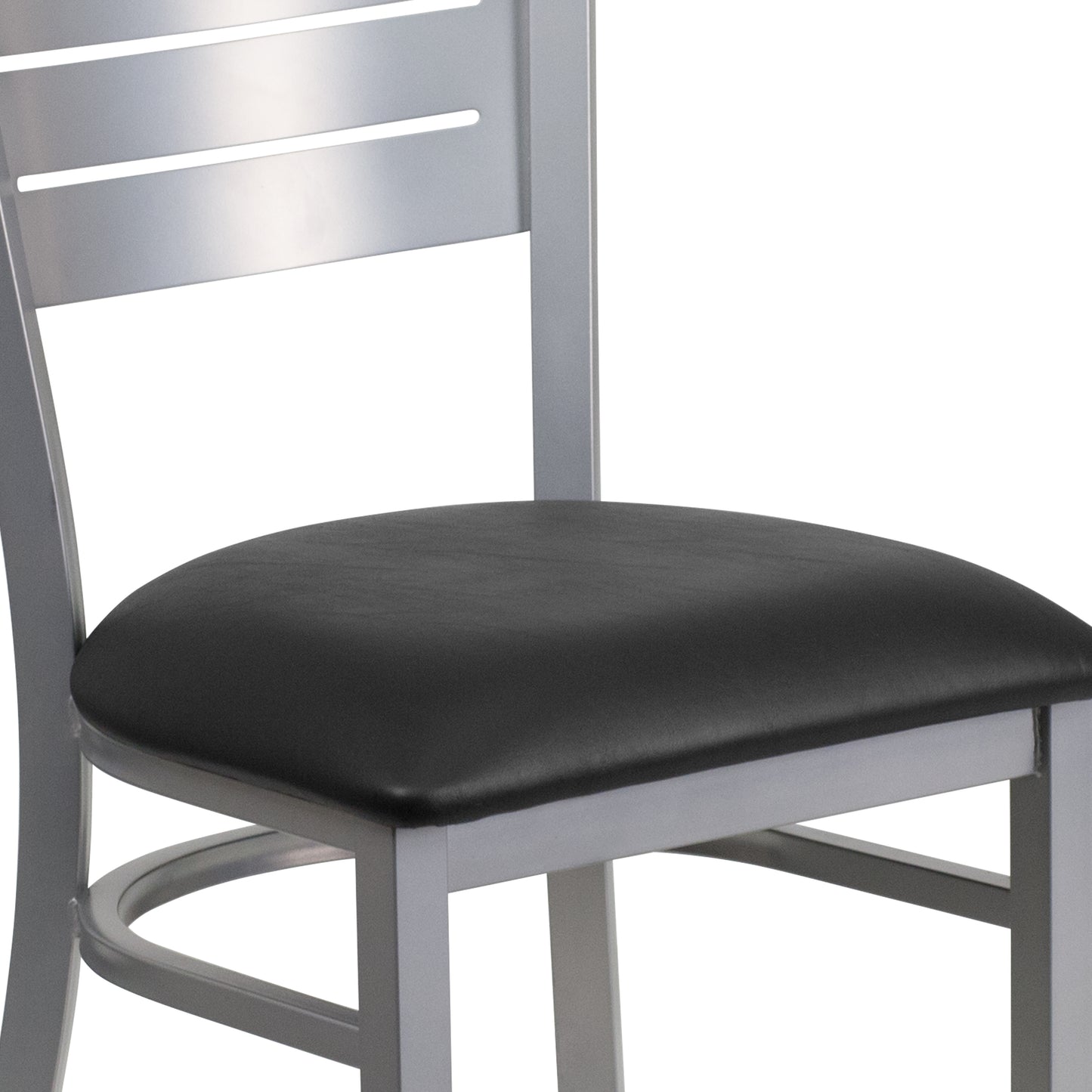 HERCULES Series Silver Slat Back Metal Restaurant Chair - Black Vinyl Seat Black Vinyl Seat/Silver Frame