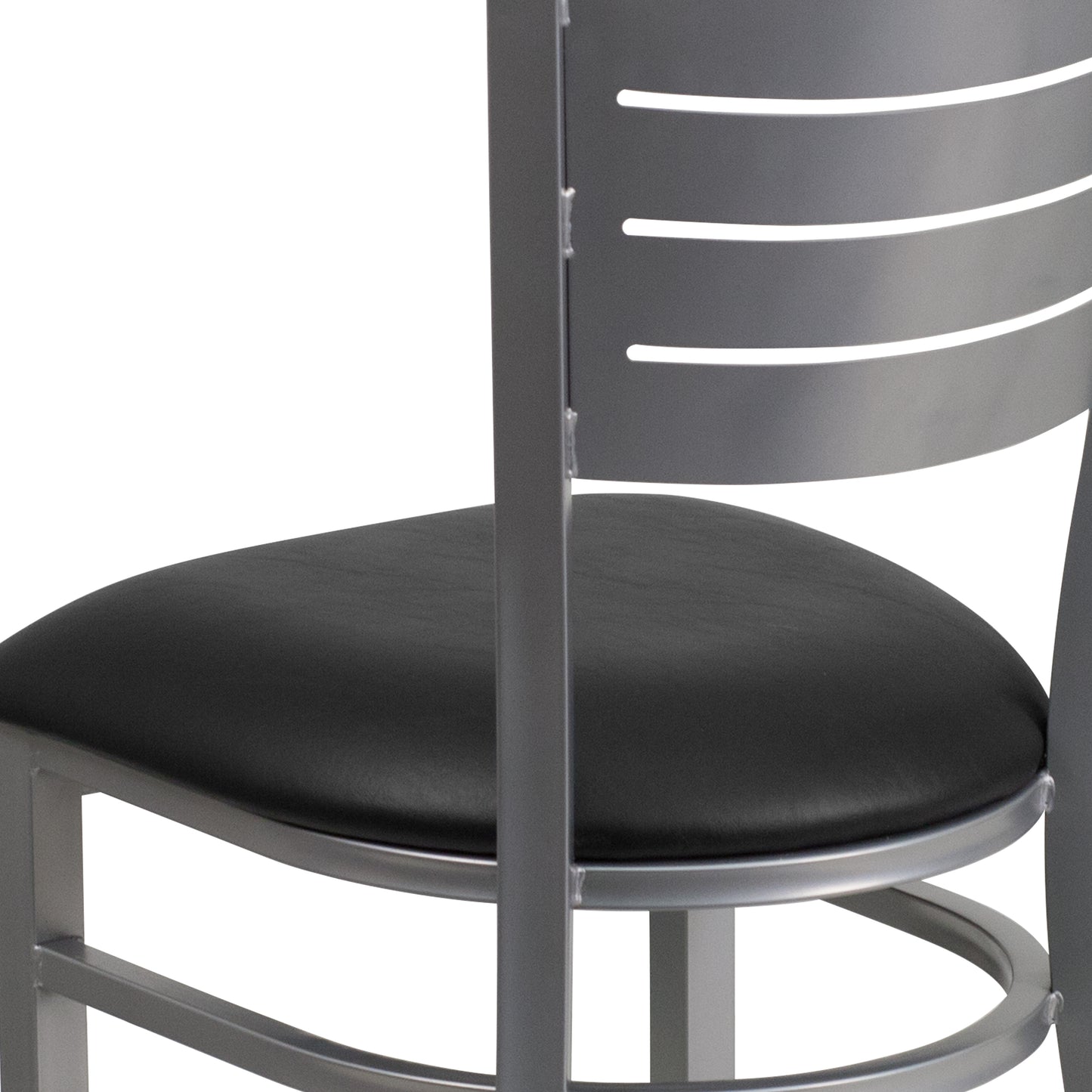 HERCULES Series Silver Slat Back Metal Restaurant Chair - Black Vinyl Seat Black Vinyl Seat/Silver Frame
