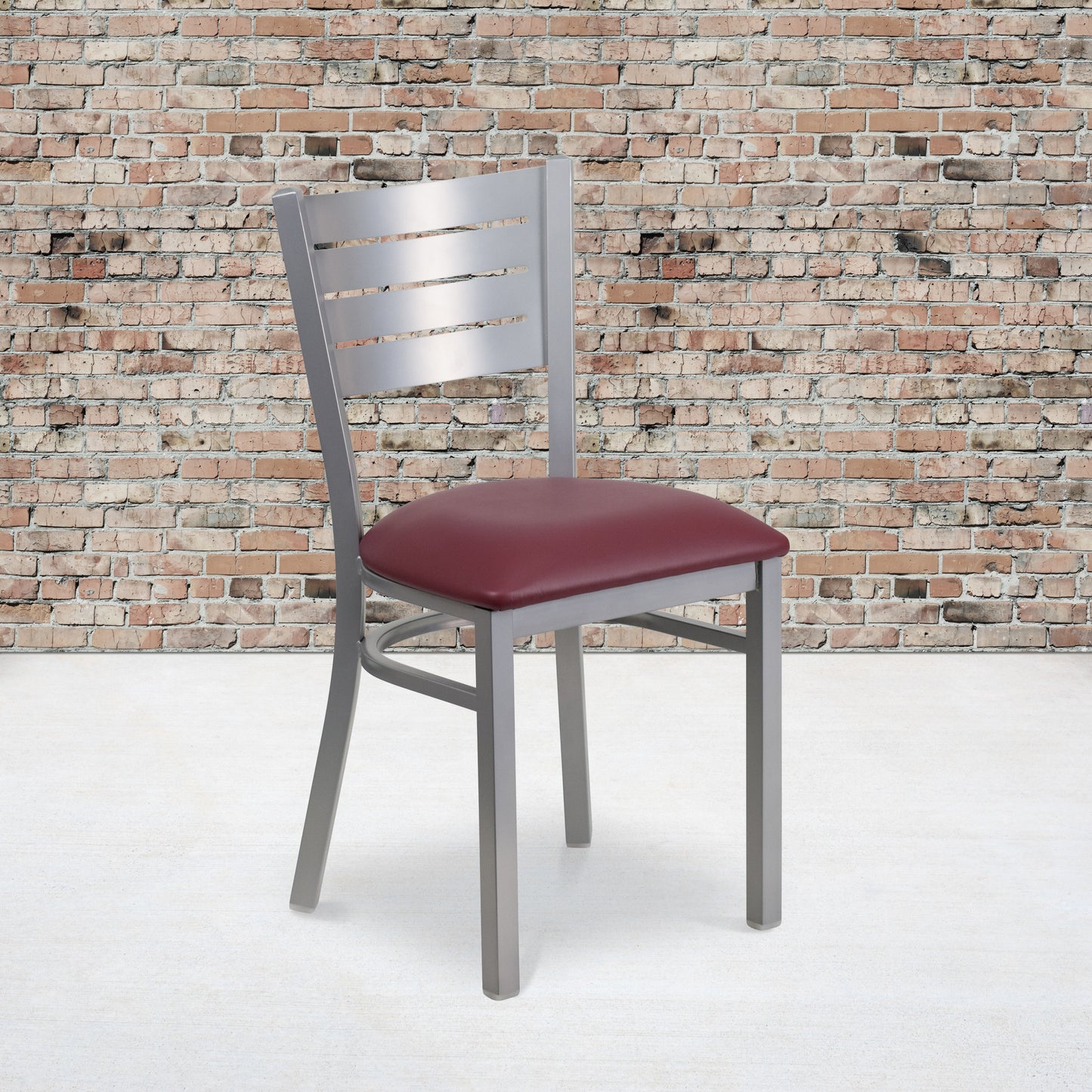 HERCULES Series Silver Slat Back Metal Restaurant Chair - Burgundy Vinyl Seat Burgundy Vinyl Seat/Silver Frame XU-DG-60401-BURV-GG