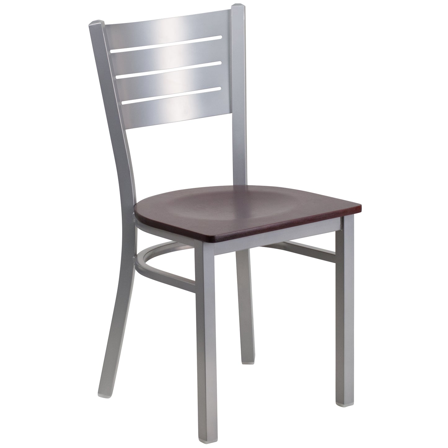 HERCULES Series Silver Slat Back Metal Restaurant Chair - Mahogany Wood Seat Mahogany Wood Seat/Silver Frame