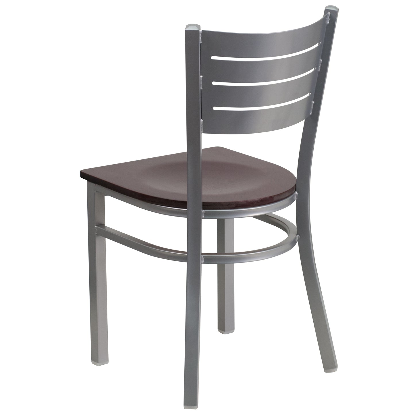 HERCULES Series Silver Slat Back Metal Restaurant Chair - Mahogany Wood Seat Mahogany Wood Seat/Silver Frame