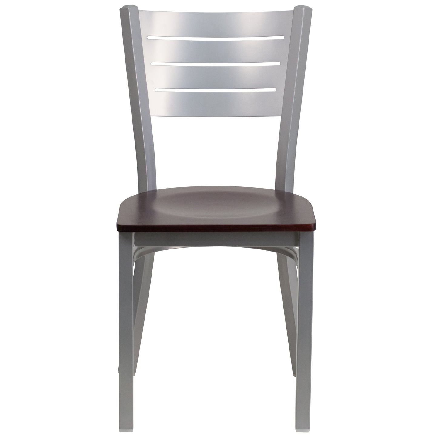 HERCULES Series Silver Slat Back Metal Restaurant Chair - Mahogany Wood Seat Mahogany Wood Seat/Silver Frame