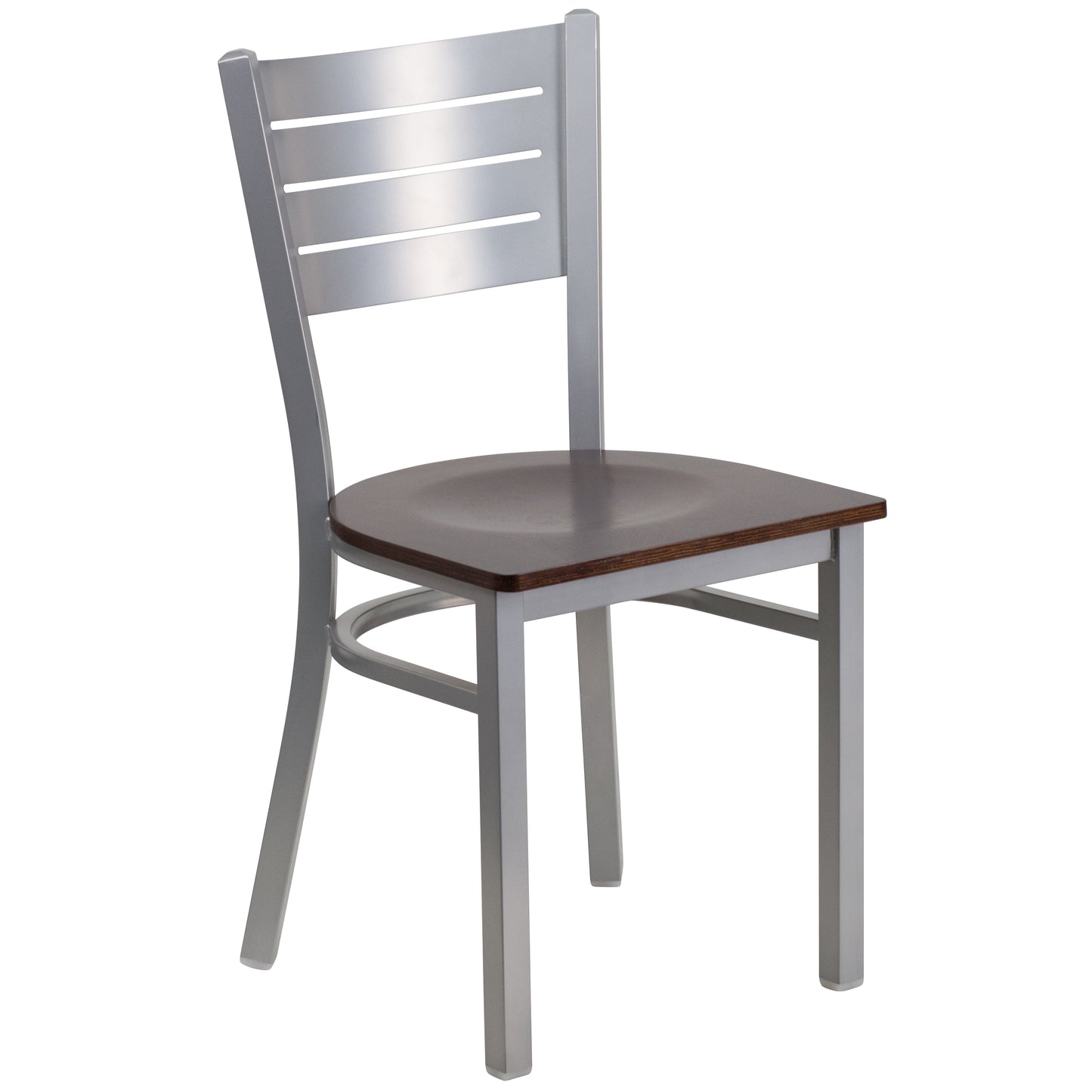 HERCULES Series Silver Slat Back Metal Restaurant Chair - Walnut Wood Seat Walnut Wood Seat/Silver Frame