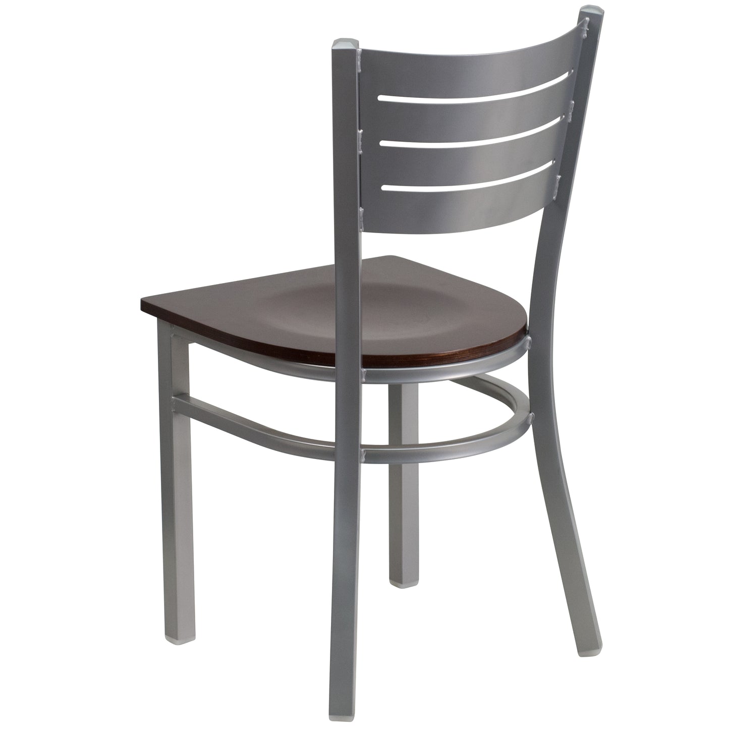 HERCULES Series Silver Slat Back Metal Restaurant Chair - Walnut Wood Seat Walnut Wood Seat/Silver Frame