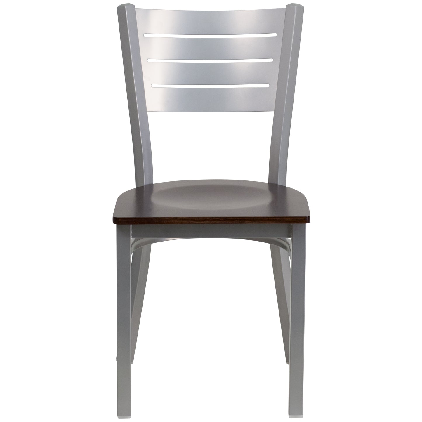 HERCULES Series Silver Slat Back Metal Restaurant Chair - Walnut Wood Seat Walnut Wood Seat/Silver Frame