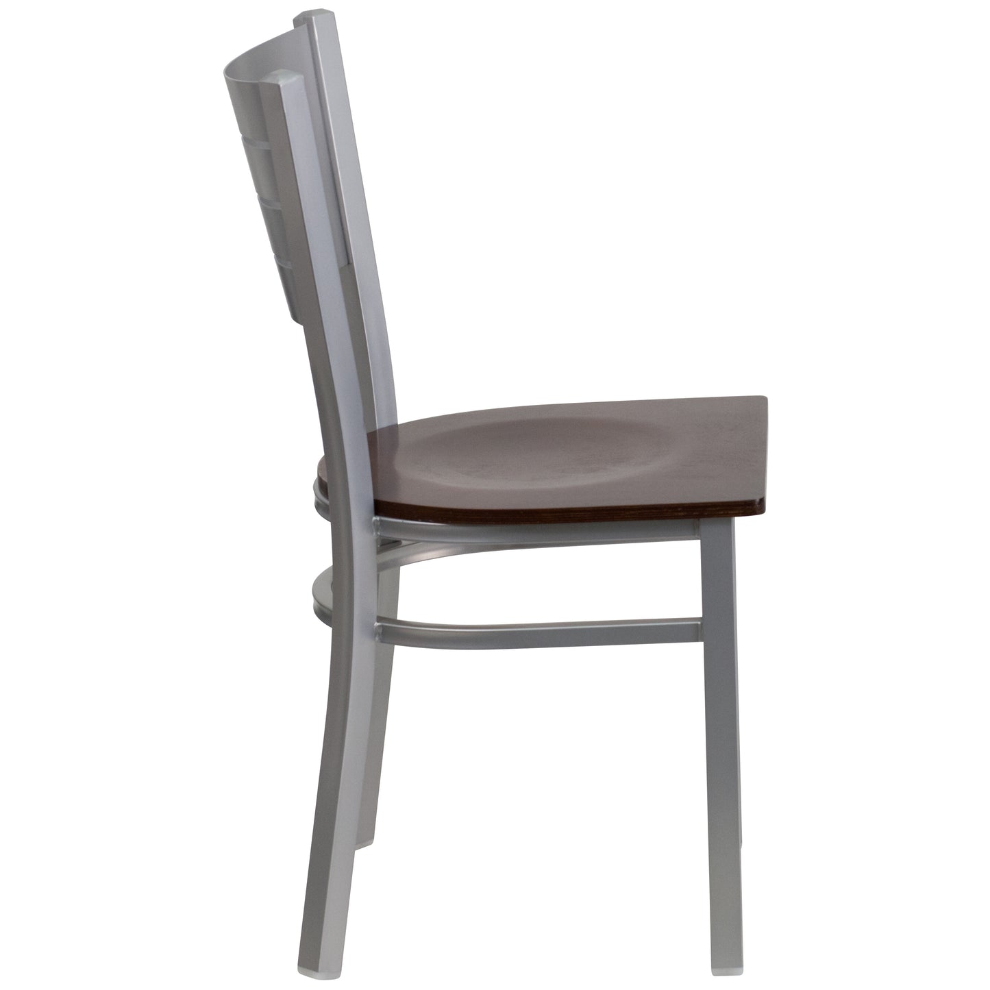HERCULES Series Silver Slat Back Metal Restaurant Chair - Walnut Wood Seat Walnut Wood Seat/Silver Frame
