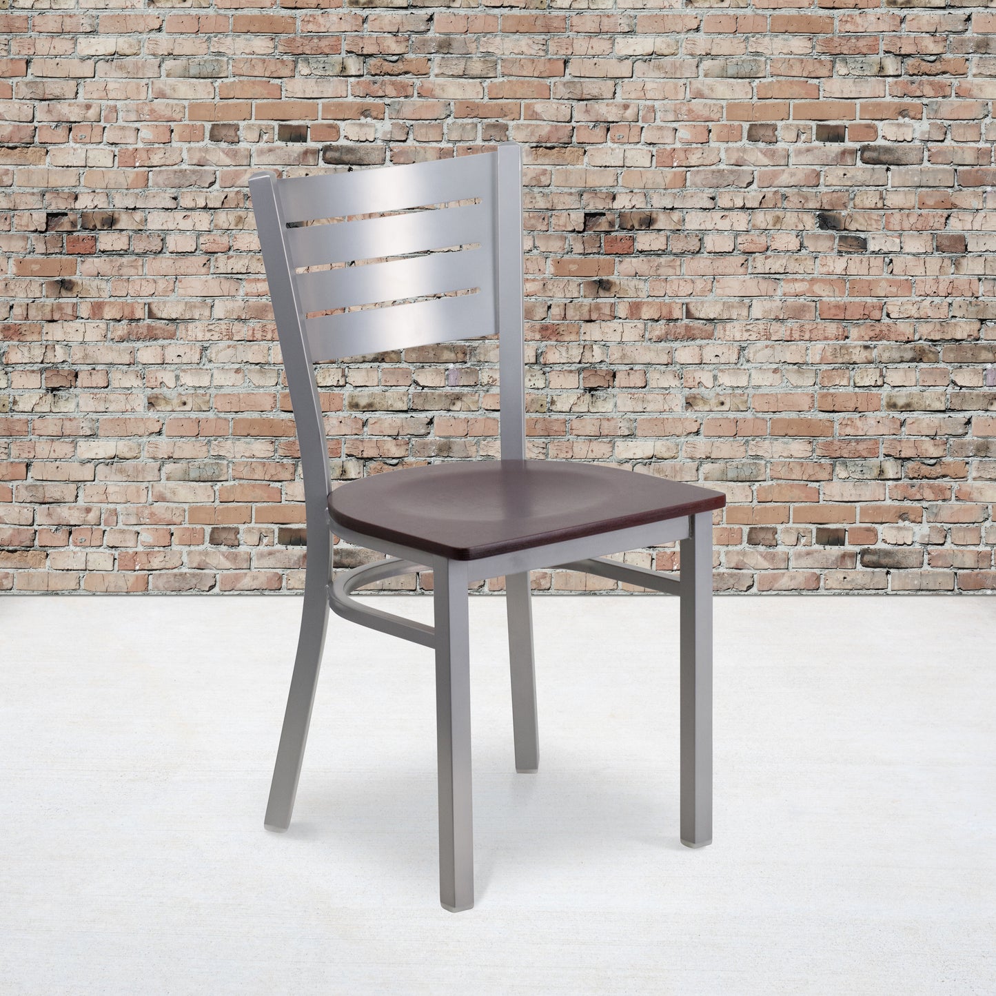 HERCULES Series Silver Slat Back Metal Restaurant Chair - Walnut Wood Seat Walnut Wood Seat/Silver Frame