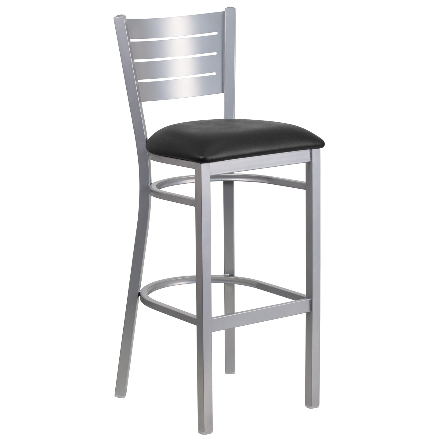 HERCULES Series Silver Slat Back Metal Restaurant Barstool - Black Vinyl Seat Black Vinyl Seat/Silver Frame