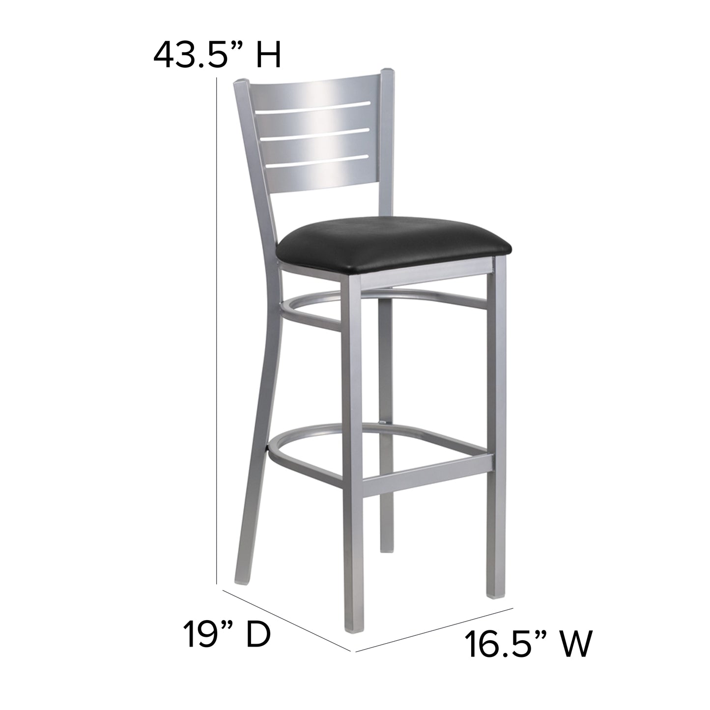 HERCULES Series Silver Slat Back Metal Restaurant Barstool - Black Vinyl Seat Black Vinyl Seat/Silver Frame