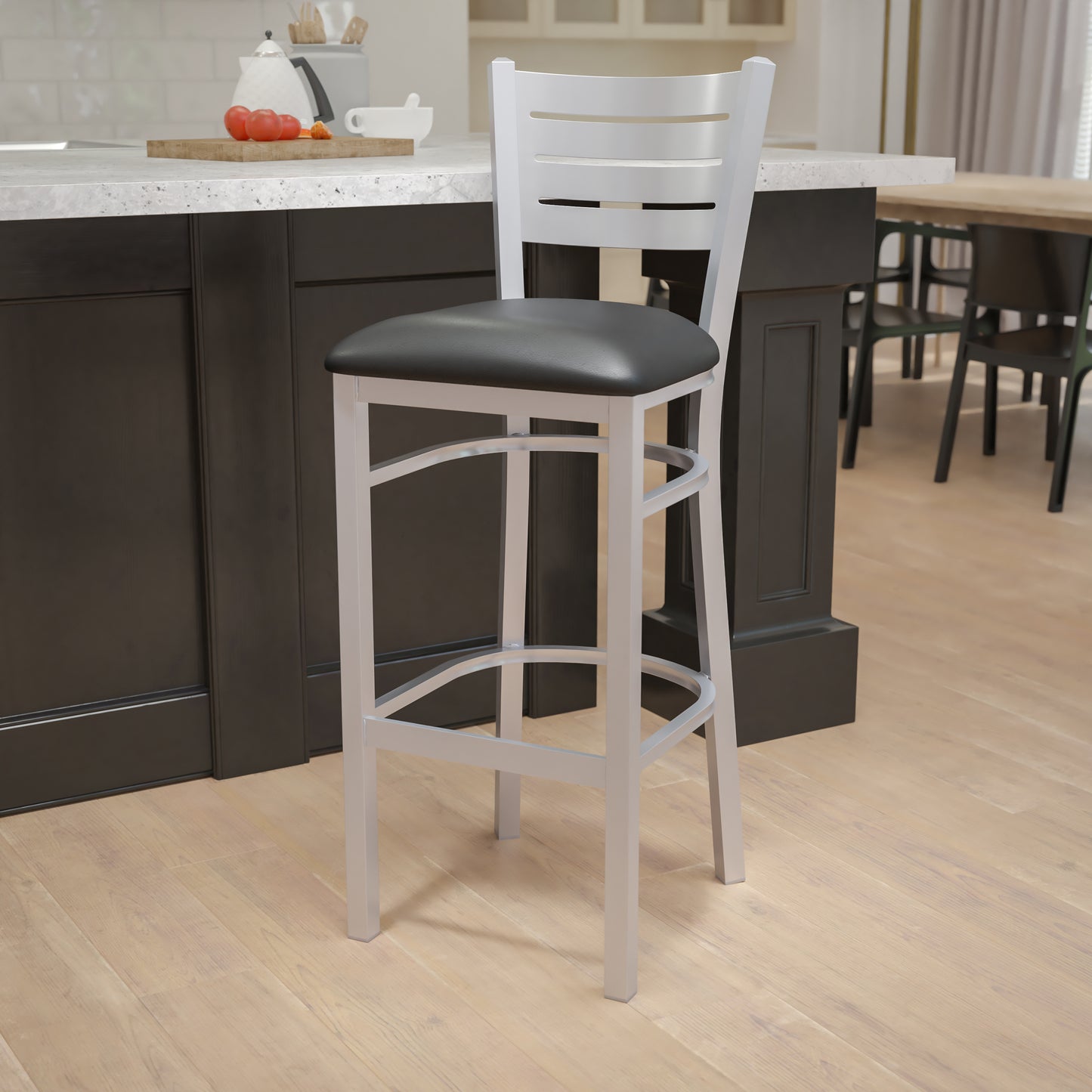 HERCULES Series Silver Slat Back Metal Restaurant Barstool - Black Vinyl Seat Black Vinyl Seat/Silver Frame