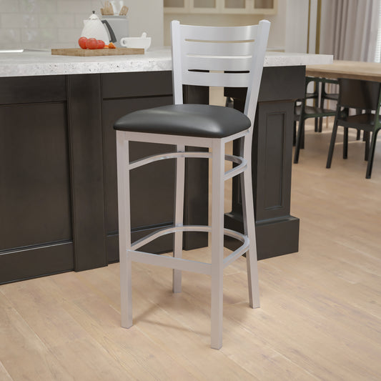HERCULES Series Silver Slat Back Metal Restaurant Barstool - Black Vinyl Seat Black Vinyl Seat/Silver Frame