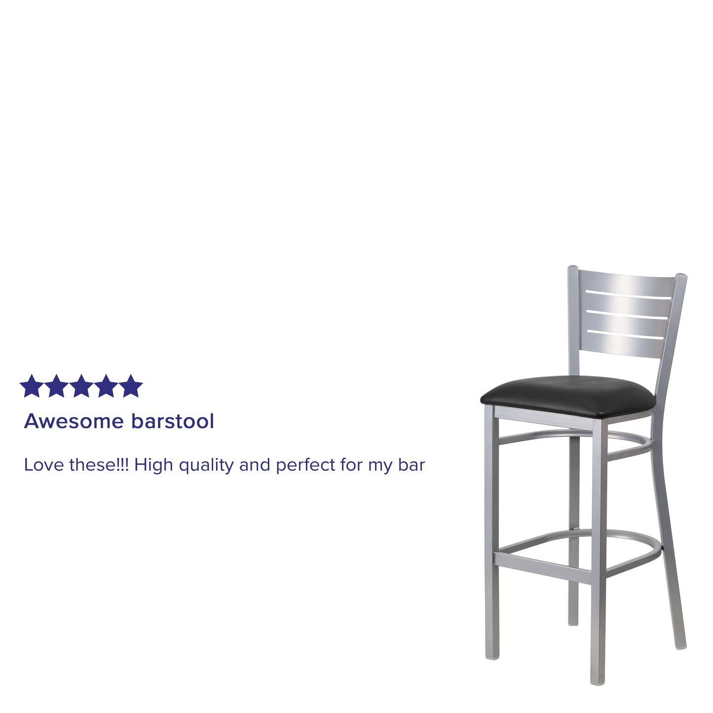 HERCULES Series Silver Slat Back Metal Restaurant Barstool - Black Vinyl Seat Black Vinyl Seat/Silver Frame