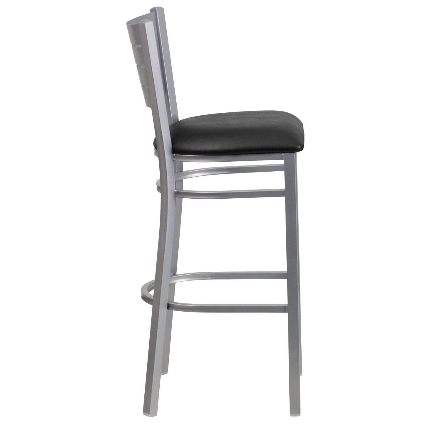 HERCULES Series Silver Slat Back Metal Restaurant Barstool - Black Vinyl Seat Black Vinyl Seat/Silver Frame
