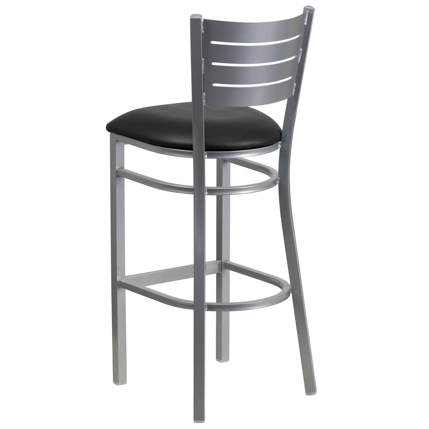 HERCULES Series Silver Slat Back Metal Restaurant Barstool - Black Vinyl Seat Black Vinyl Seat/Silver Frame