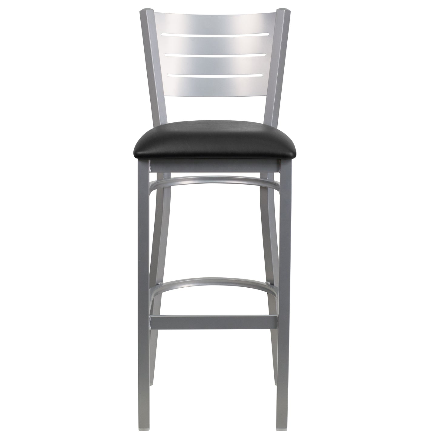 HERCULES Series Silver Slat Back Metal Restaurant Barstool - Black Vinyl Seat Black Vinyl Seat/Silver Frame