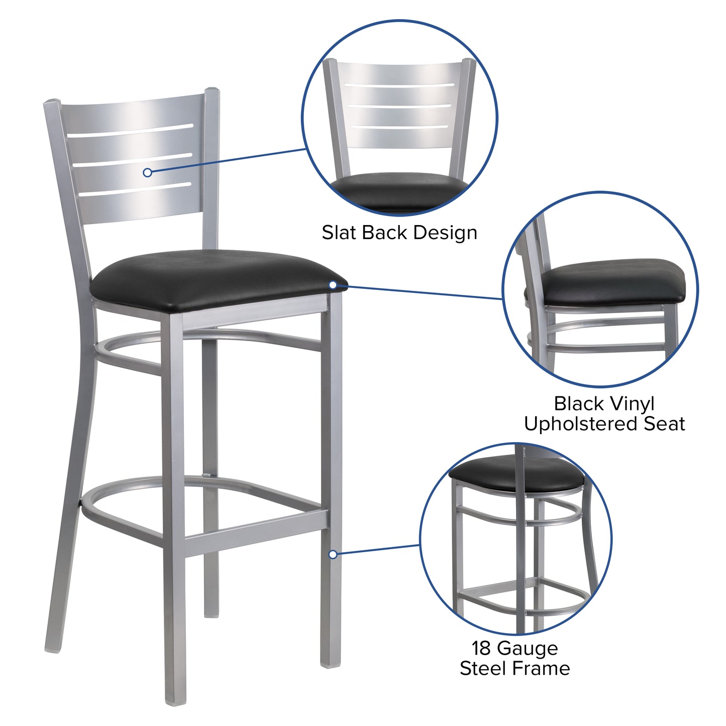 HERCULES Series Silver Slat Back Metal Restaurant Barstool - Black Vinyl Seat Black Vinyl Seat/Silver Frame