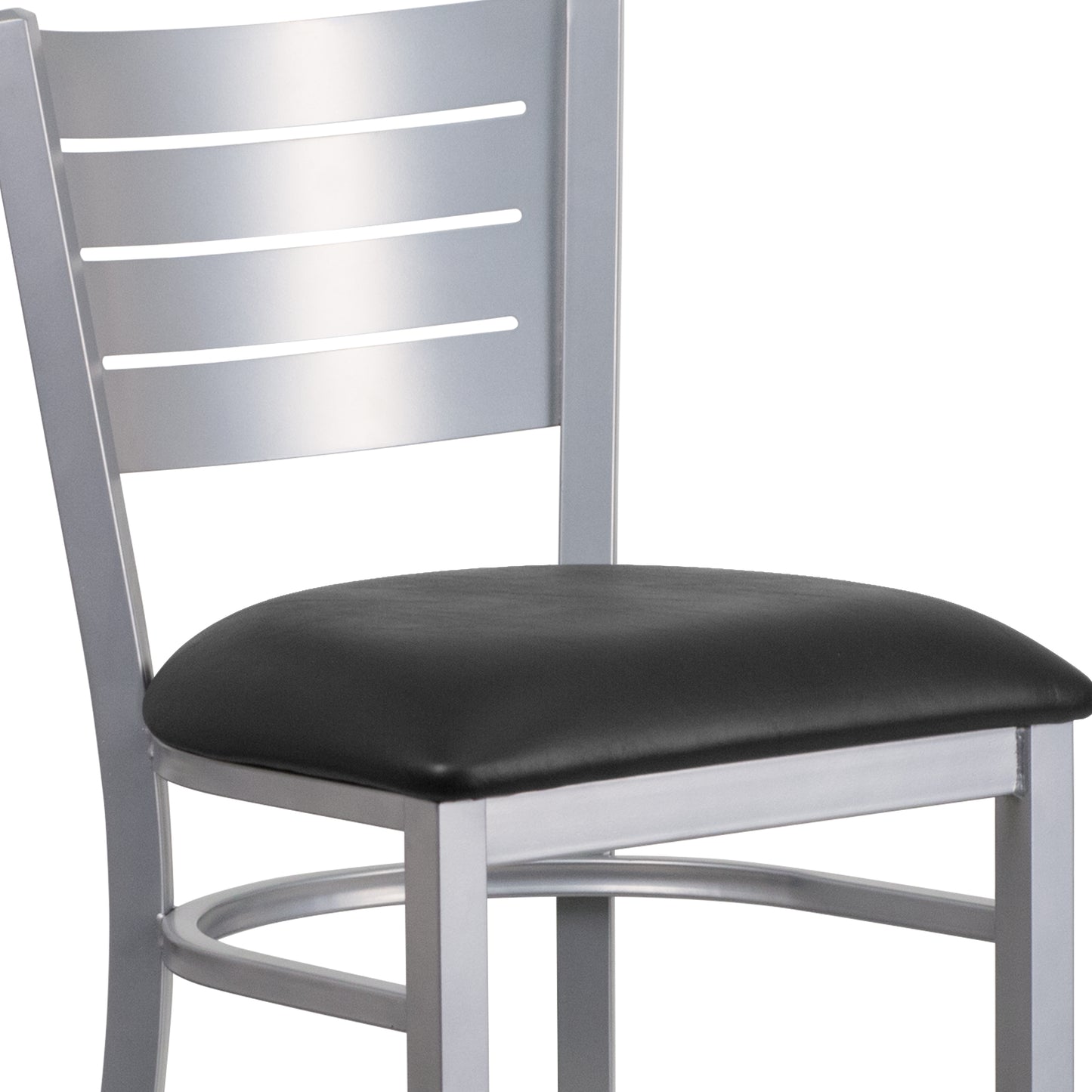 HERCULES Series Silver Slat Back Metal Restaurant Barstool - Black Vinyl Seat Black Vinyl Seat/Silver Frame