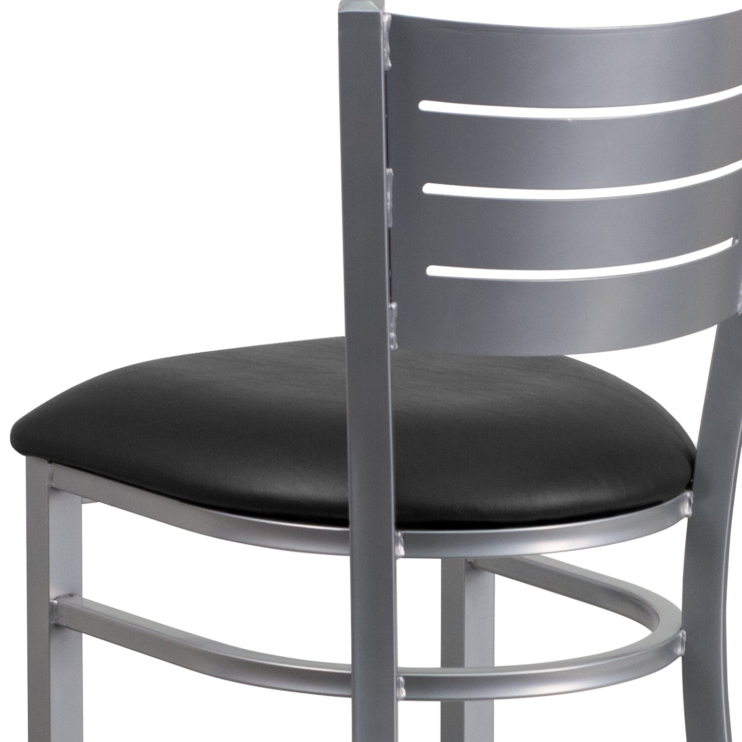 HERCULES Series Silver Slat Back Metal Restaurant Barstool - Black Vinyl Seat Black Vinyl Seat/Silver Frame