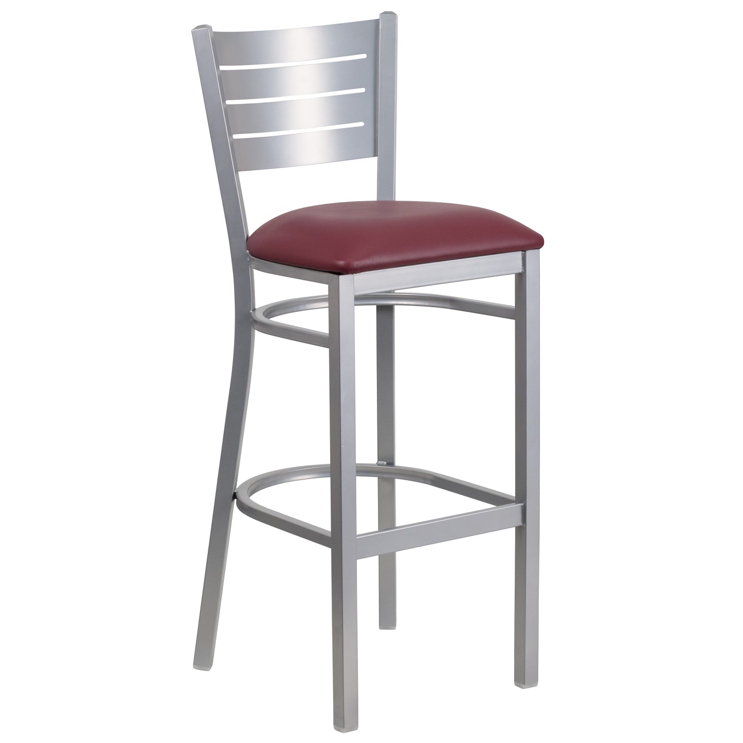 HERCULES Series Silver Slat Back Metal Restaurant Barstool - Burgundy Vinyl Seat Burgundy Vinyl Seat/Silver Frame