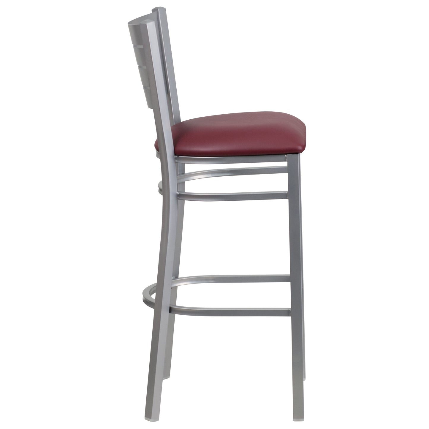 HERCULES Series Silver Slat Back Metal Restaurant Barstool - Burgundy Vinyl Seat Burgundy Vinyl Seat/Silver Frame