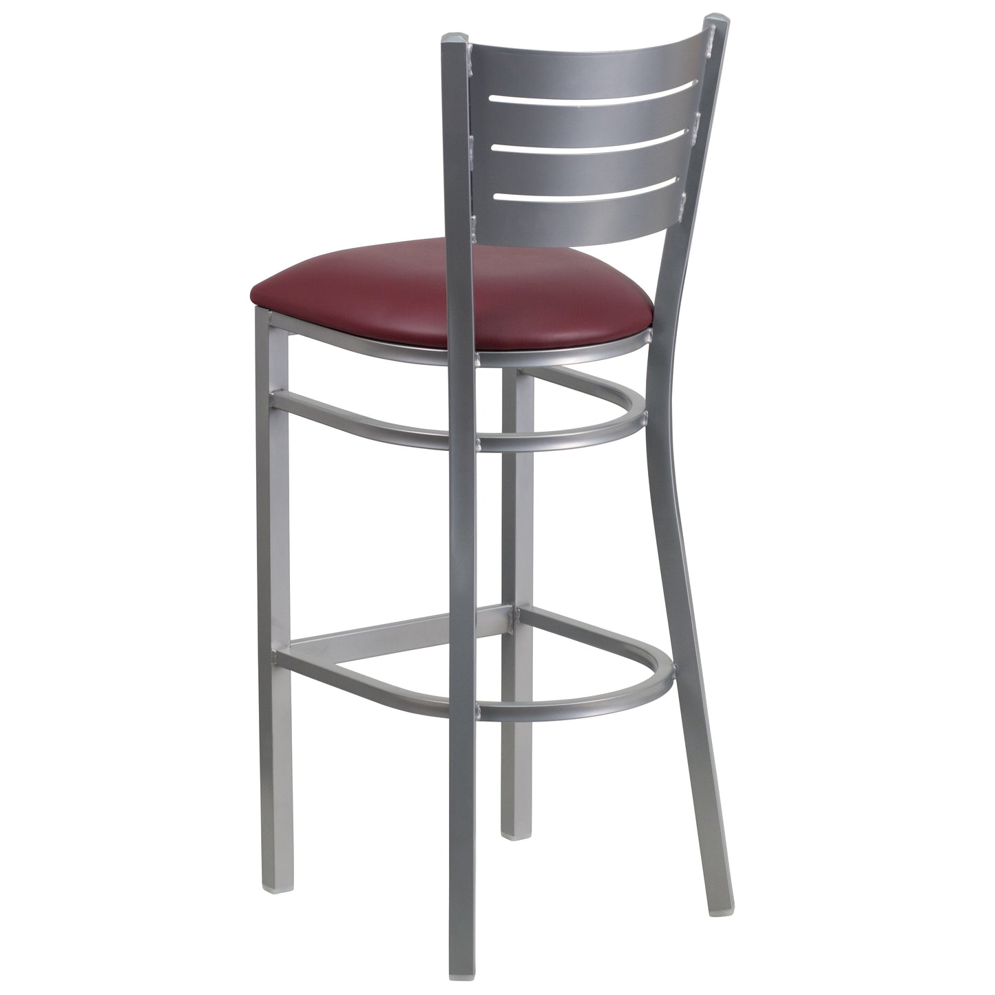 HERCULES Series Silver Slat Back Metal Restaurant Barstool - Burgundy Vinyl Seat Burgundy Vinyl Seat/Silver Frame