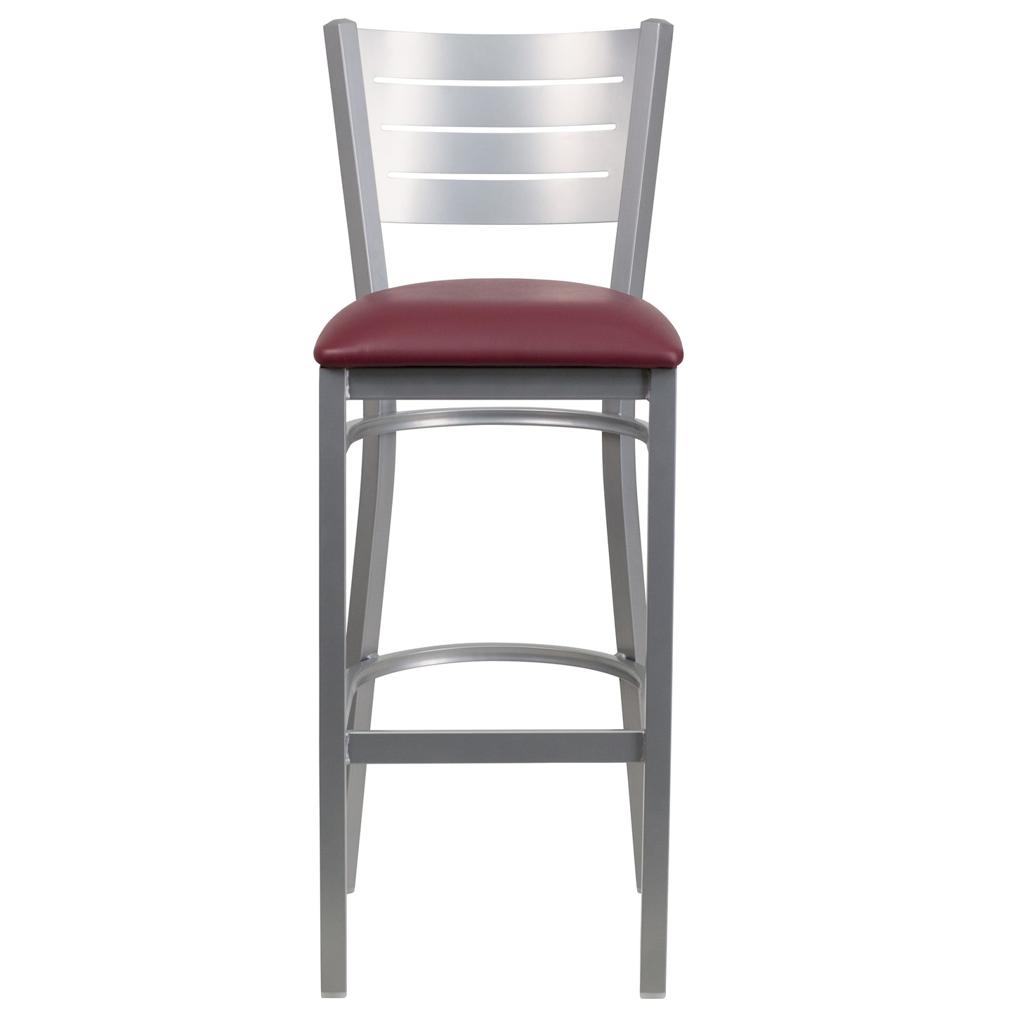 HERCULES Series Silver Slat Back Metal Restaurant Barstool - Burgundy Vinyl Seat Burgundy Vinyl Seat/Silver Frame