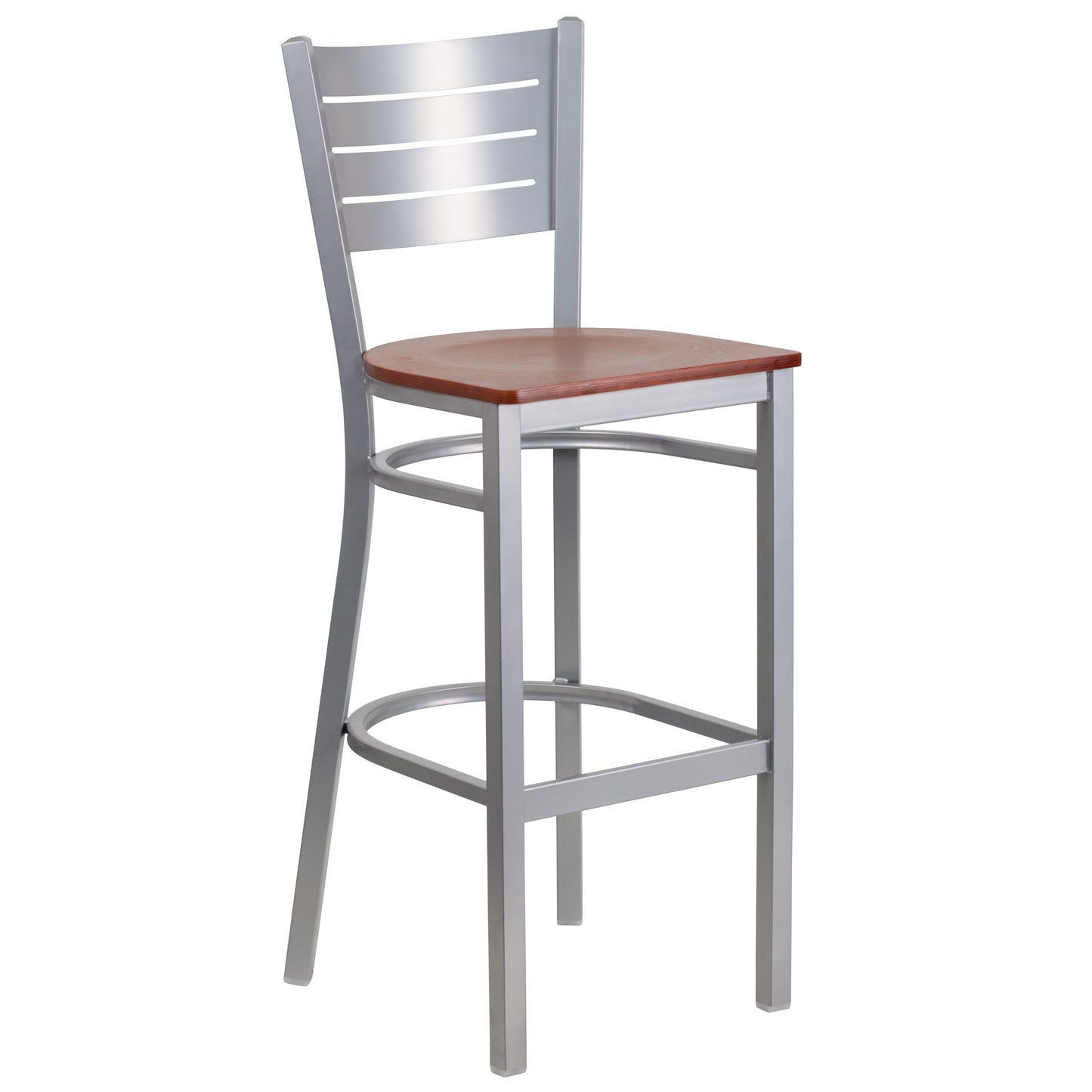 HERCULES Series Silver Slat Back Metal Restaurant Barstool - Cherry Wood Seat Cherry Wood Seat/Silver Frame