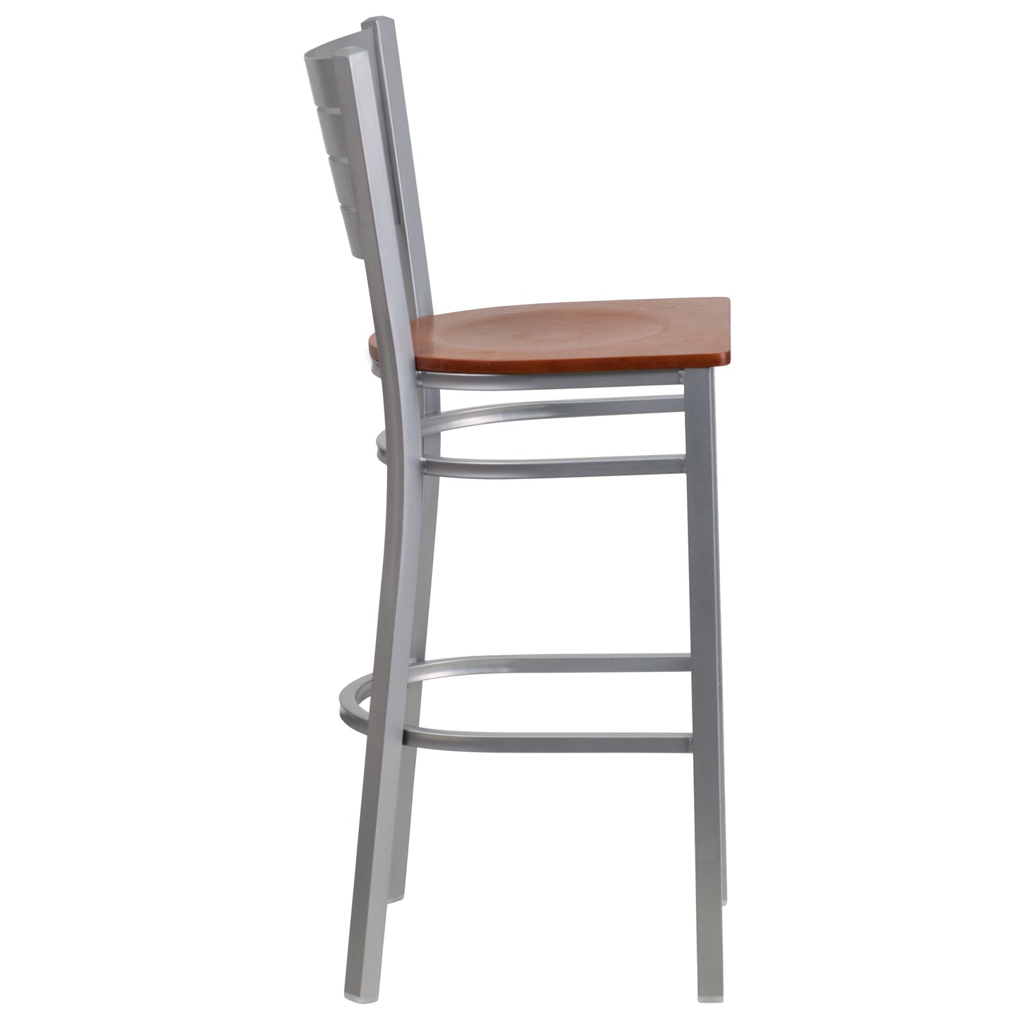 HERCULES Series Silver Slat Back Metal Restaurant Barstool - Cherry Wood Seat Cherry Wood Seat/Silver Frame