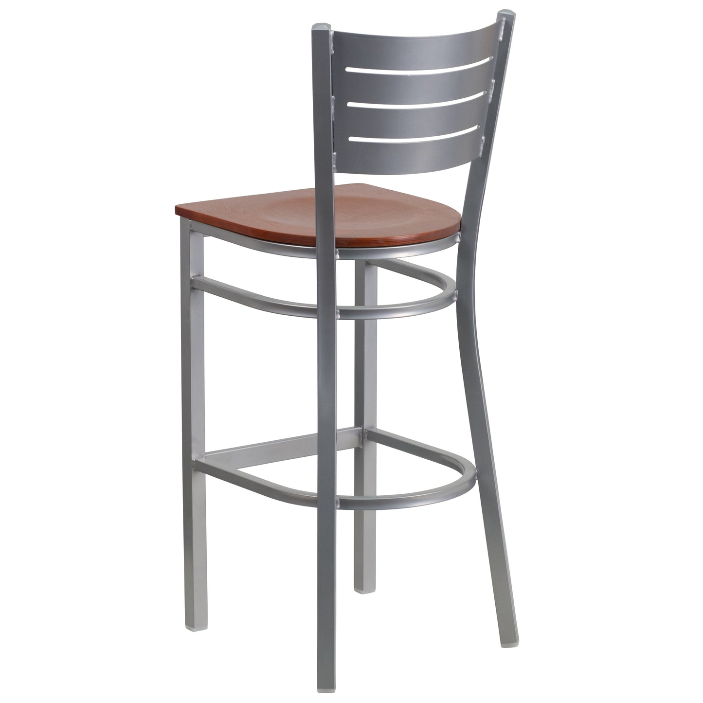 HERCULES Series Silver Slat Back Metal Restaurant Barstool - Cherry Wood Seat Cherry Wood Seat/Silver Frame