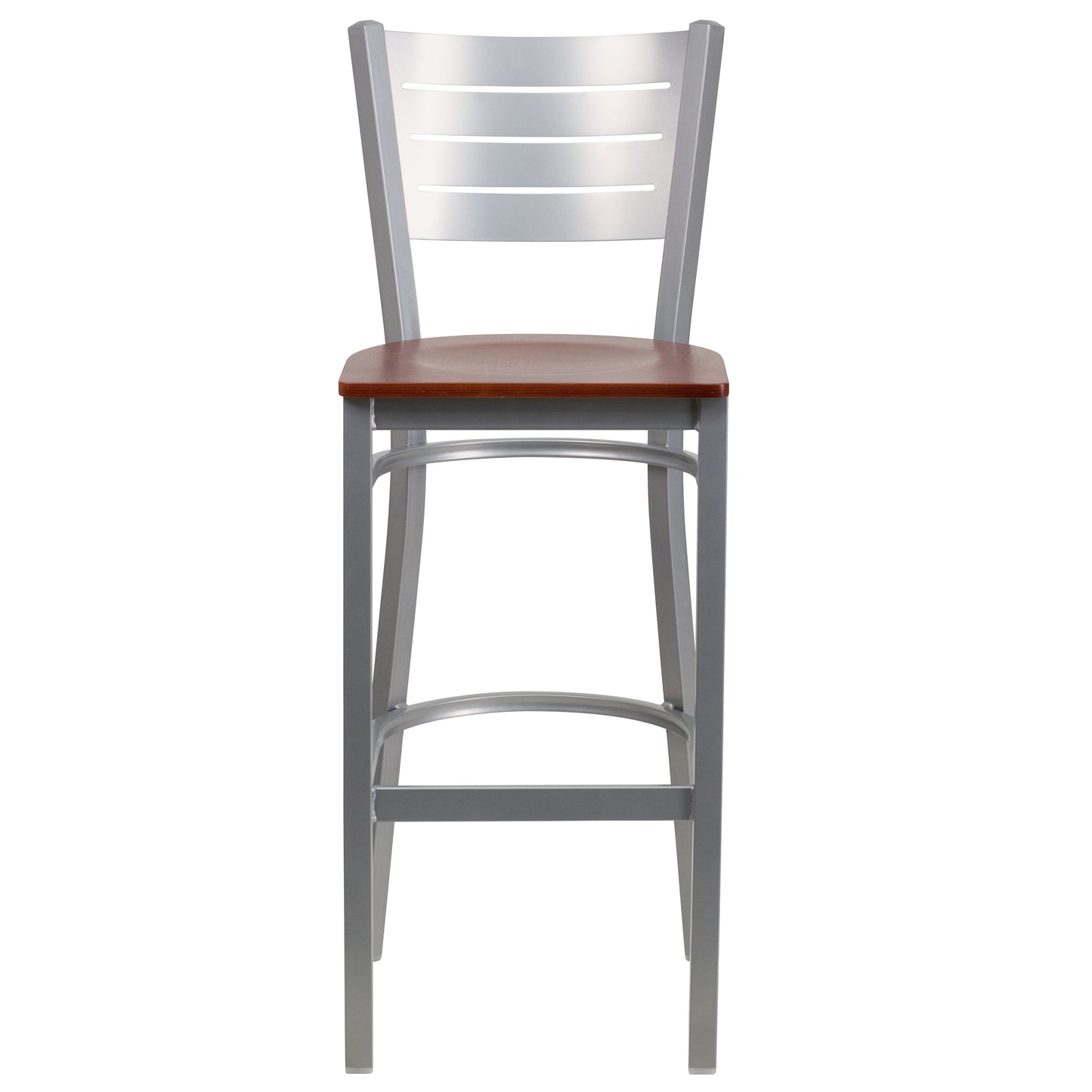 HERCULES Series Silver Slat Back Metal Restaurant Barstool - Cherry Wood Seat Cherry Wood Seat/Silver Frame
