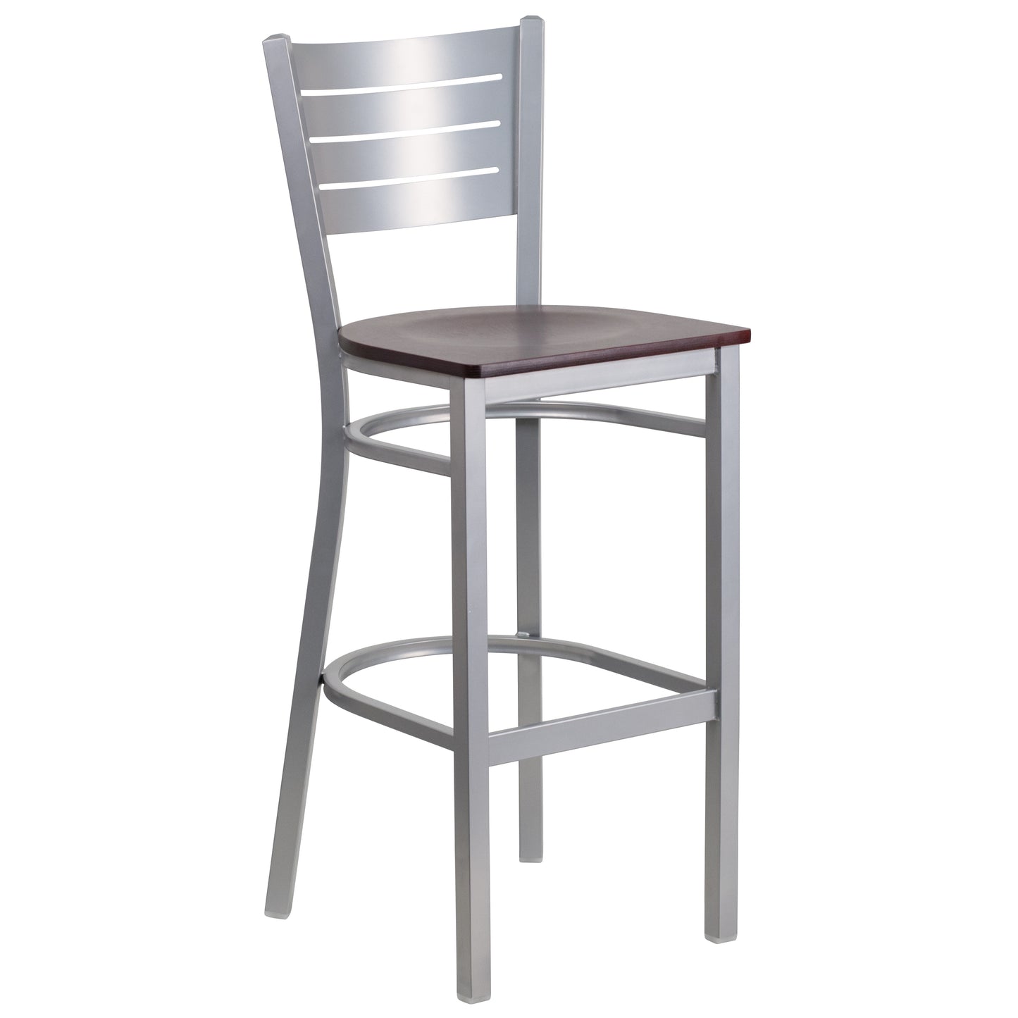 HERCULES Series Silver Slat Back Metal Restaurant Barstool - Mahogany Wood Seat Mahogany Wood Seat/Silver Frame