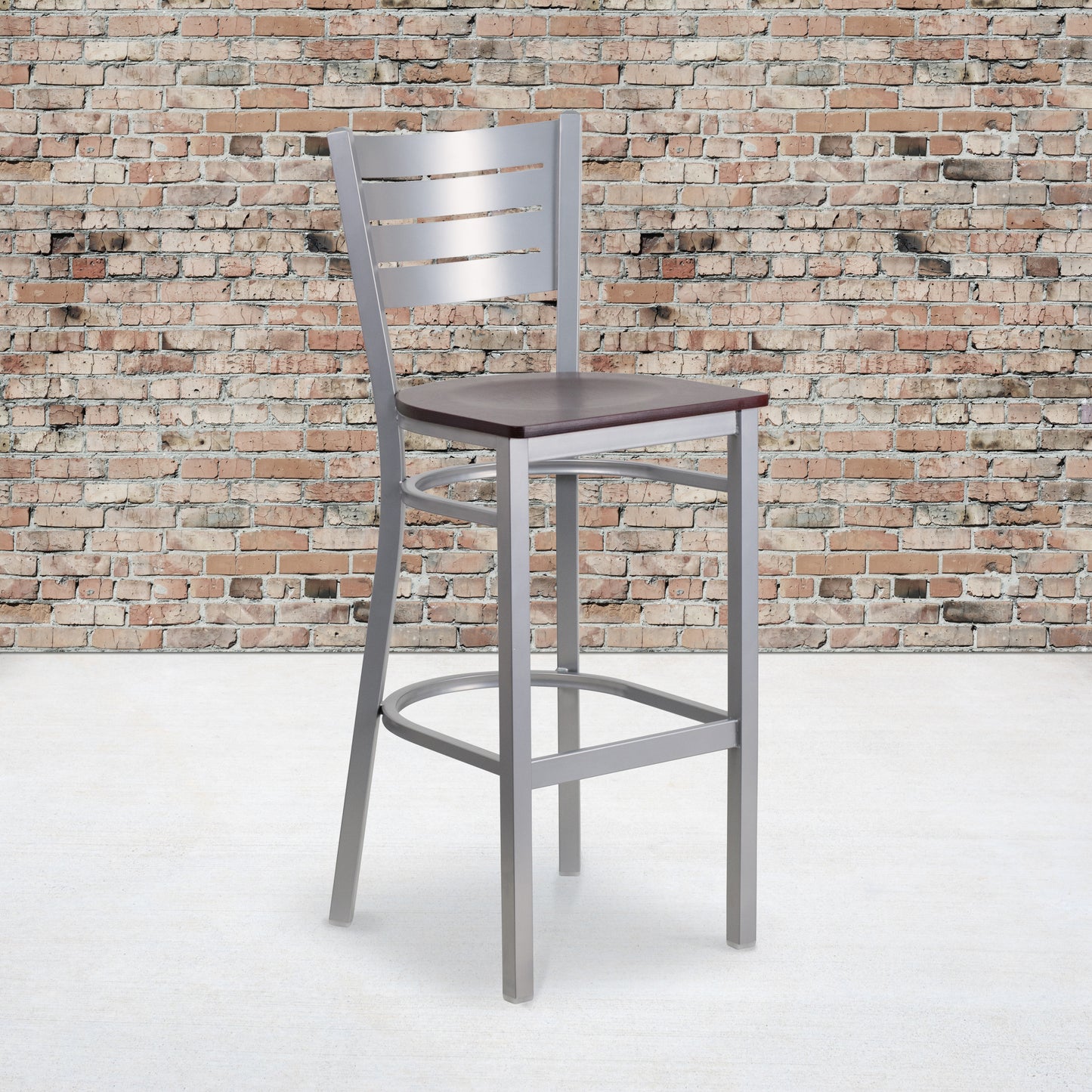 HERCULES Series Silver Slat Back Metal Restaurant Barstool - Mahogany Wood Seat Mahogany Wood Seat/Silver Frame
