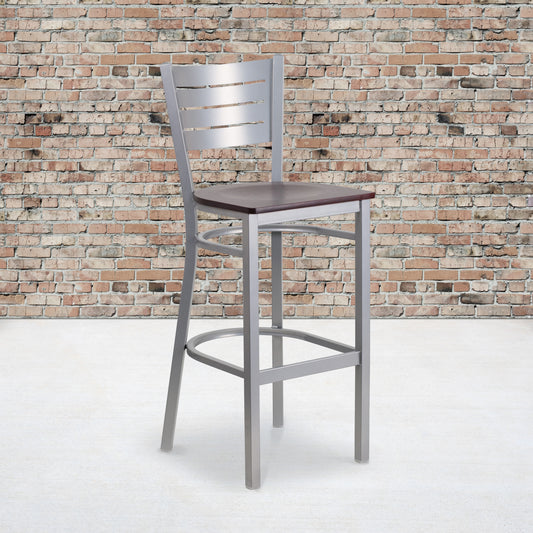 HERCULES Series Silver Slat Back Metal Restaurant Barstool - Mahogany Wood Seat Mahogany Wood Seat/Silver Frame