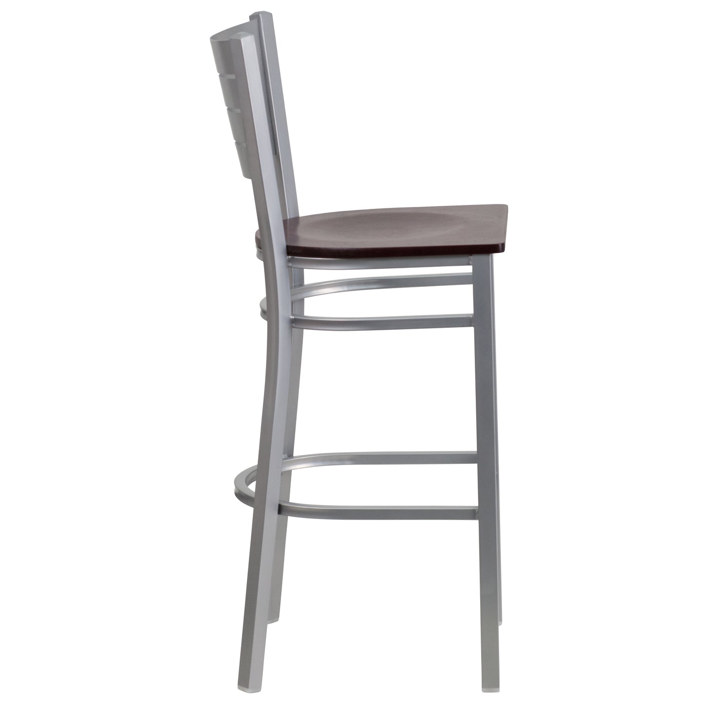 HERCULES Series Silver Slat Back Metal Restaurant Barstool - Mahogany Wood Seat Mahogany Wood Seat/Silver Frame