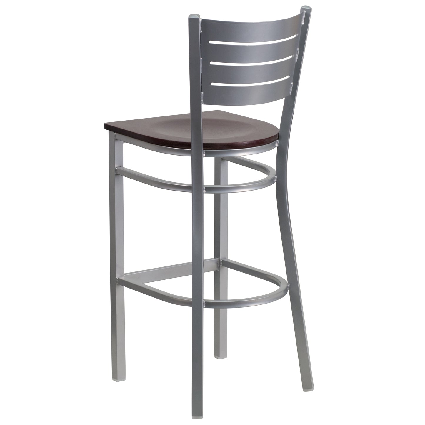 HERCULES Series Silver Slat Back Metal Restaurant Barstool - Mahogany Wood Seat Mahogany Wood Seat/Silver Frame