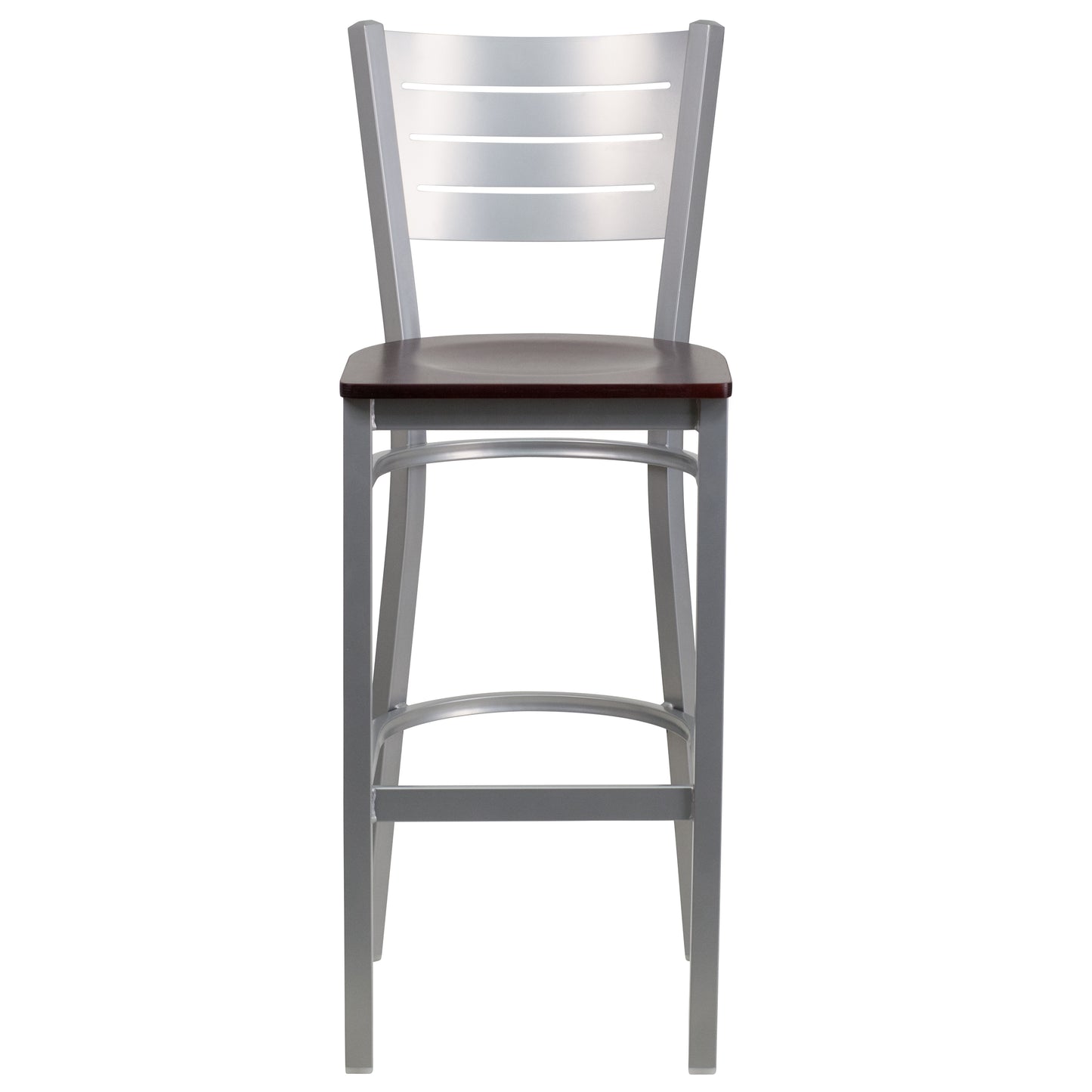 HERCULES Series Silver Slat Back Metal Restaurant Barstool - Mahogany Wood Seat Mahogany Wood Seat/Silver Frame