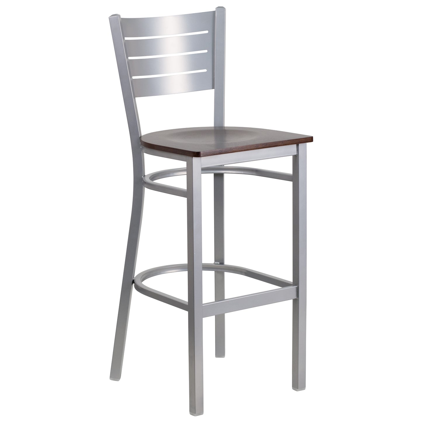 HERCULES Series Silver Slat Back Metal Restaurant Barstool - Walnut Wood Seat Walnut Wood Seat/Silver Frame