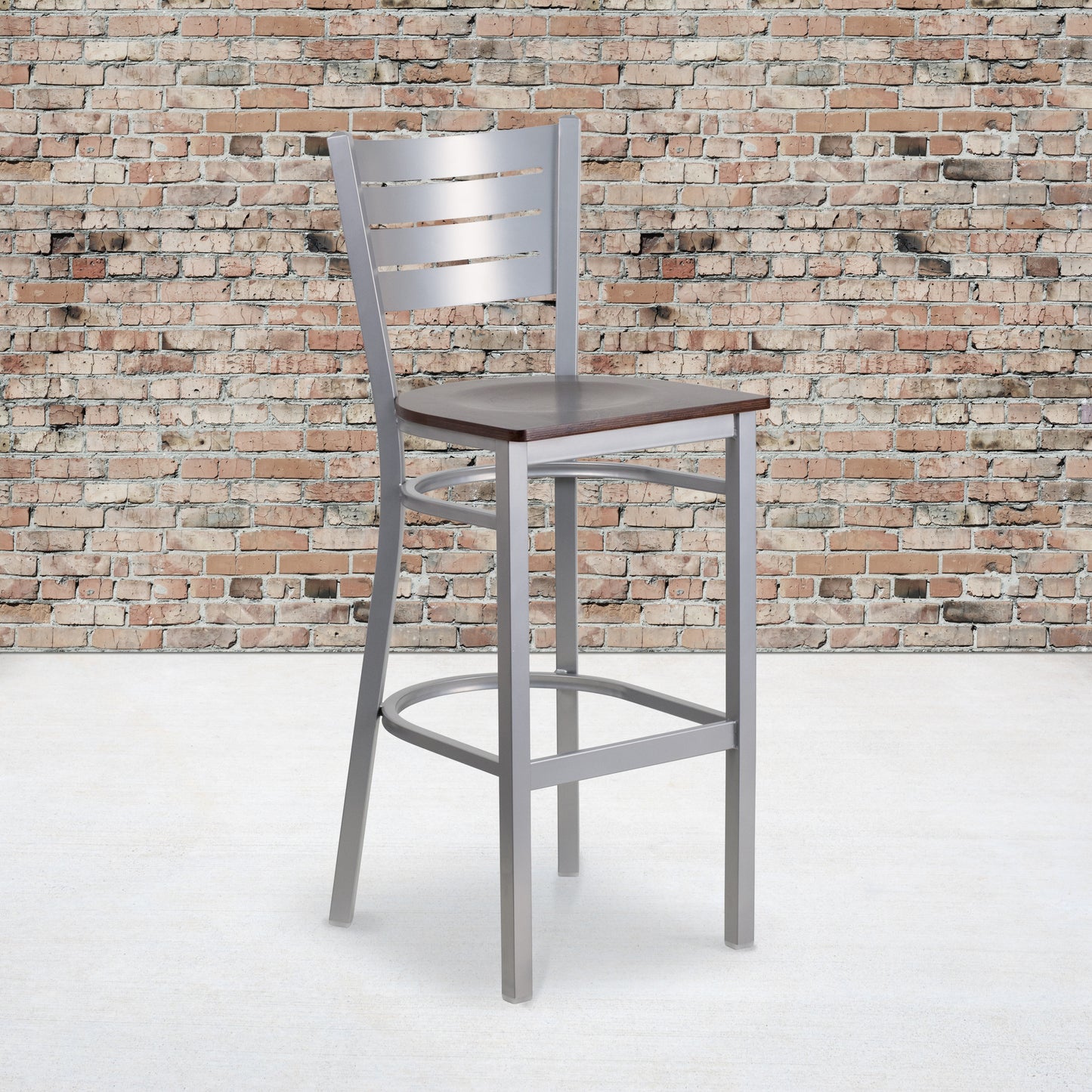 HERCULES Series Silver Slat Back Metal Restaurant Barstool - Walnut Wood Seat Walnut Wood Seat/Silver Frame