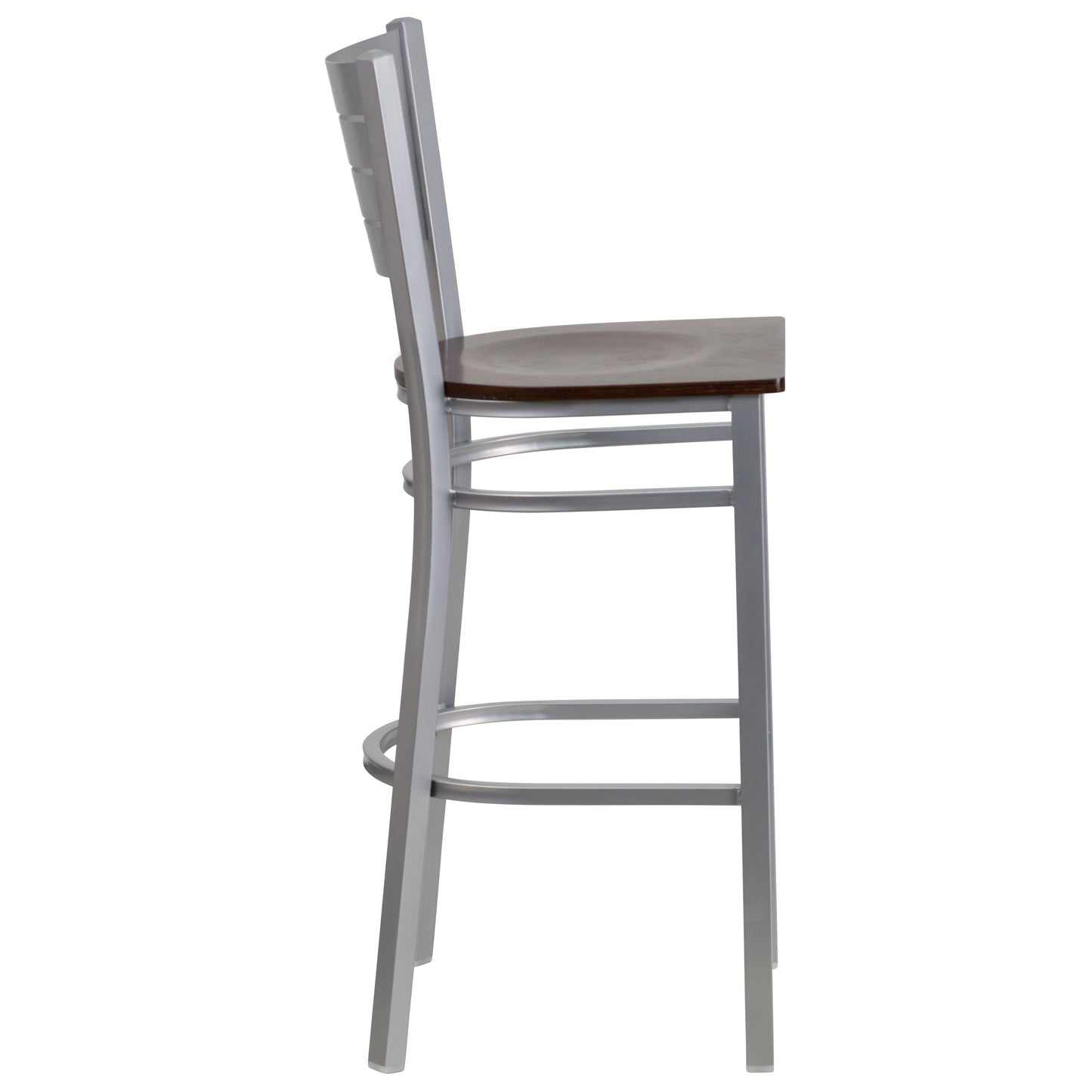 HERCULES Series Silver Slat Back Metal Restaurant Barstool - Walnut Wood Seat Walnut Wood Seat/Silver Frame