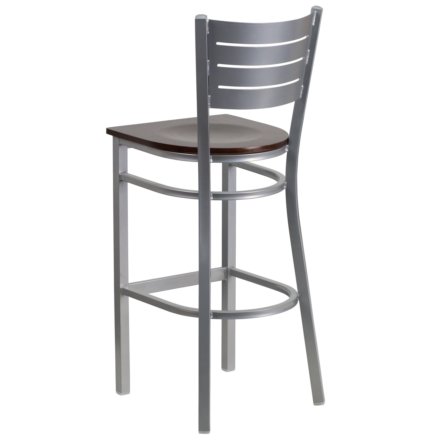 HERCULES Series Silver Slat Back Metal Restaurant Barstool - Walnut Wood Seat Walnut Wood Seat/Silver Frame