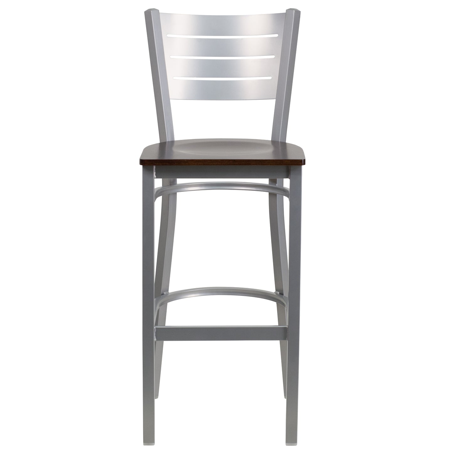 HERCULES Series Silver Slat Back Metal Restaurant Barstool - Walnut Wood Seat Walnut Wood Seat/Silver Frame