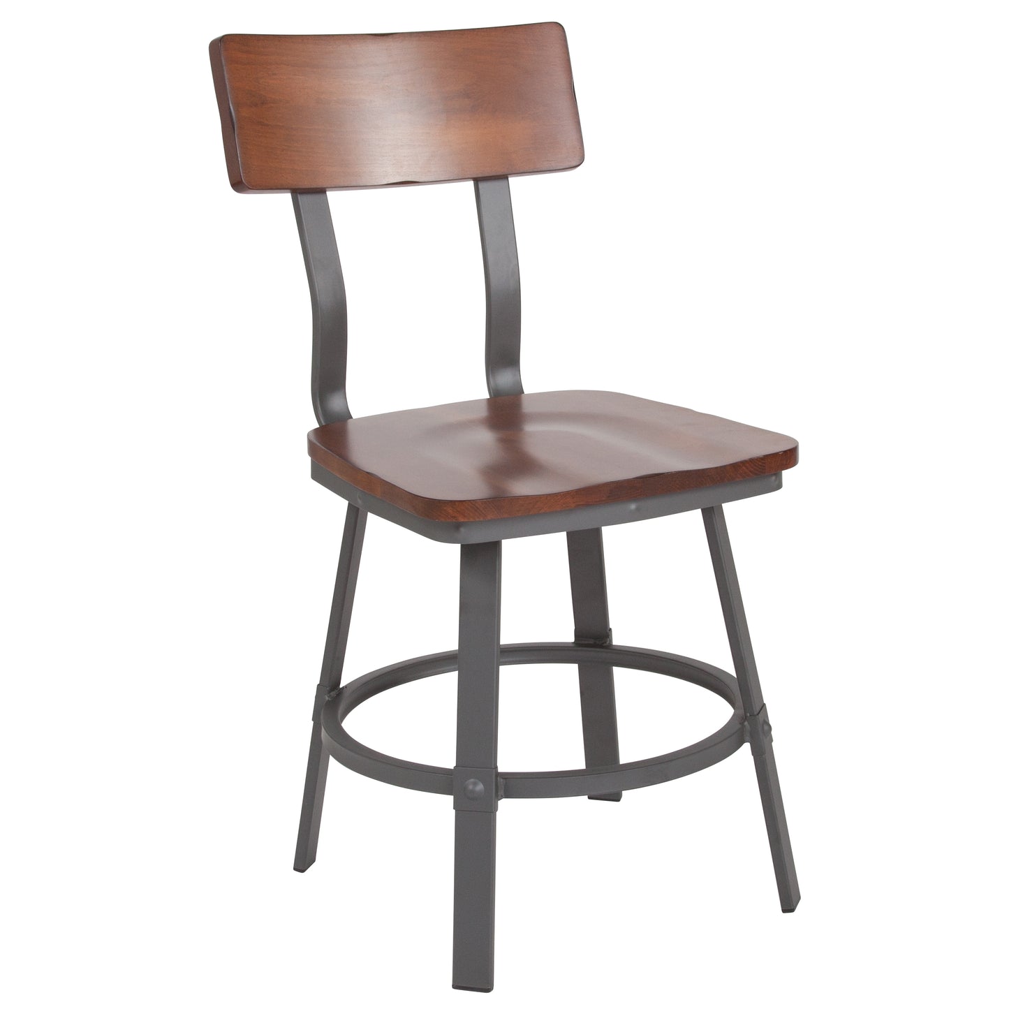 Flint Series Rustic Walnut Restaurant Chair with Wood Seat & Back and Gray Powder Coat Frame Rustic Walnut