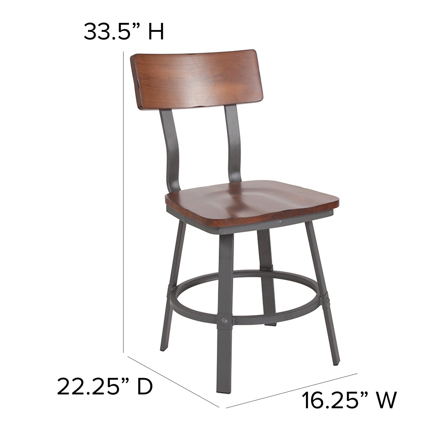 Flint Series Rustic Walnut Restaurant Chair with Wood Seat & Back and Gray Powder Coat Frame Rustic Walnut