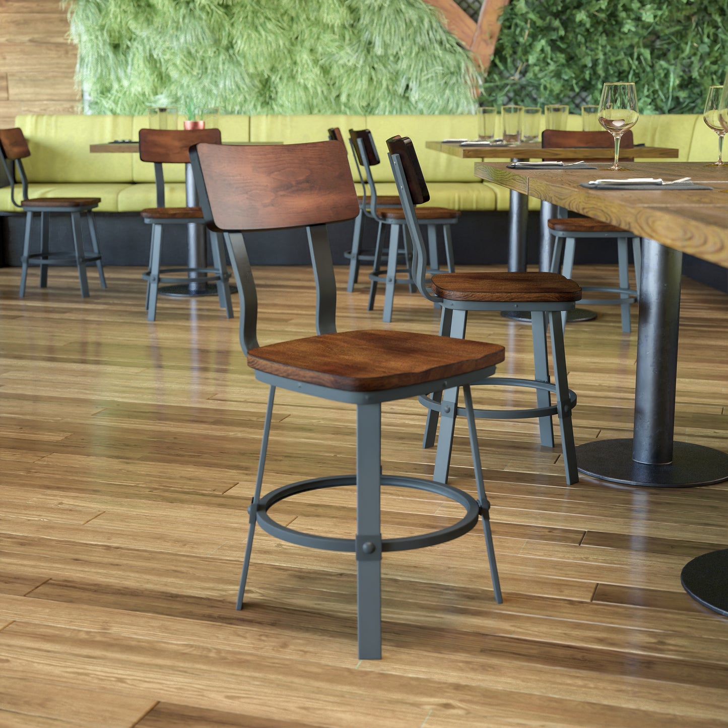 Flint Series Rustic Walnut Restaurant Chair with Wood Seat & Back and Gray Powder Coat Frame Rustic Walnut