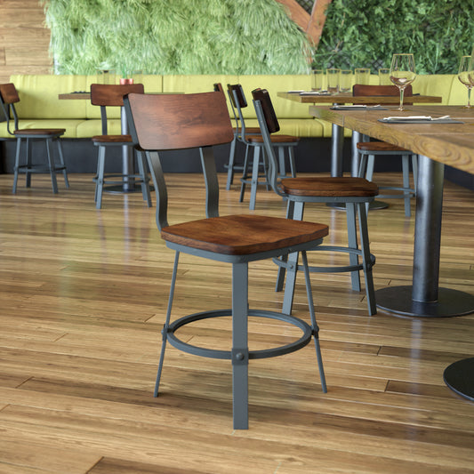Flint Series Rustic Walnut Restaurant Chair with Wood Seat & Back and Gray Powder Coat Frame Rustic Walnut