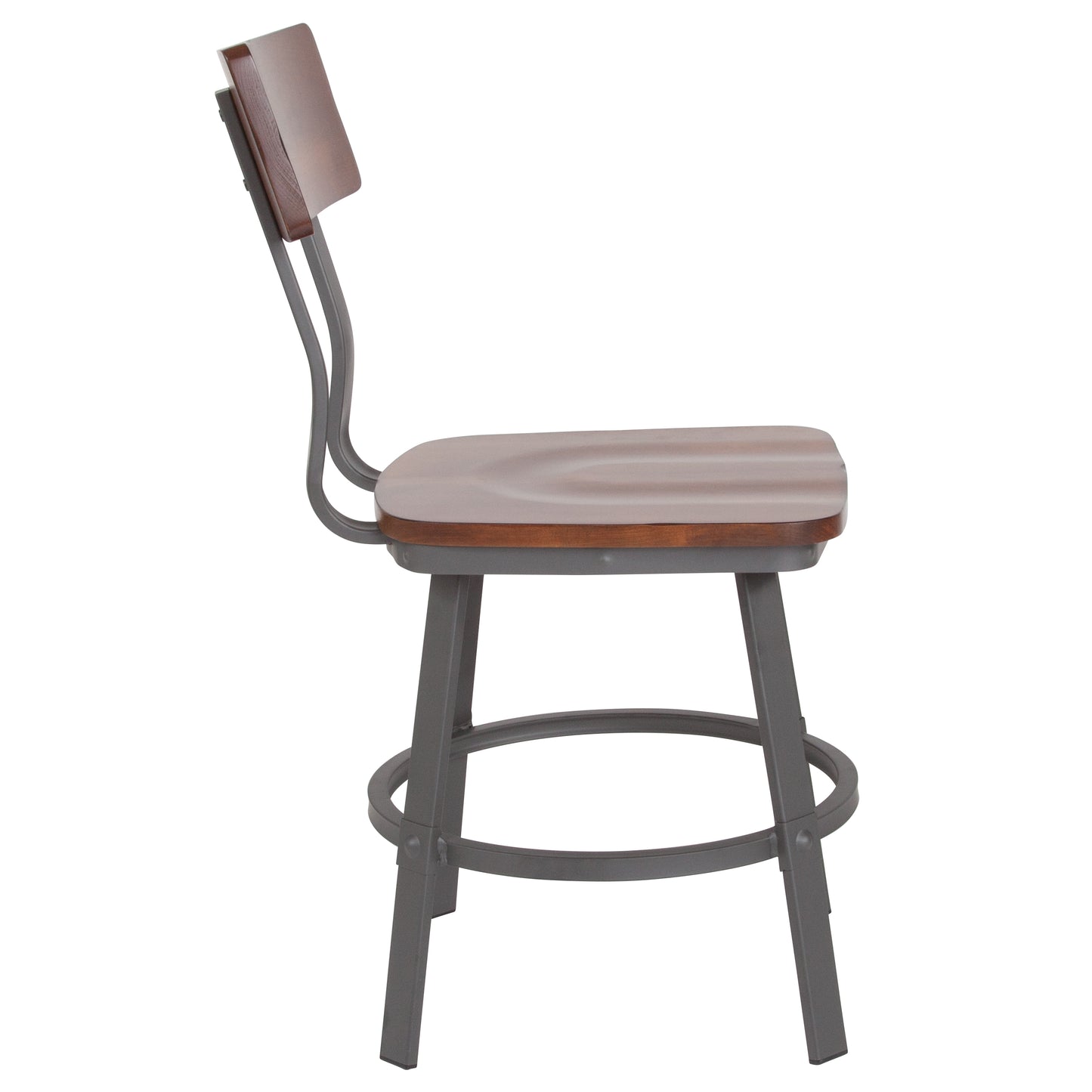 Flint Series Rustic Walnut Restaurant Chair with Wood Seat & Back and Gray Powder Coat Frame Rustic Walnut