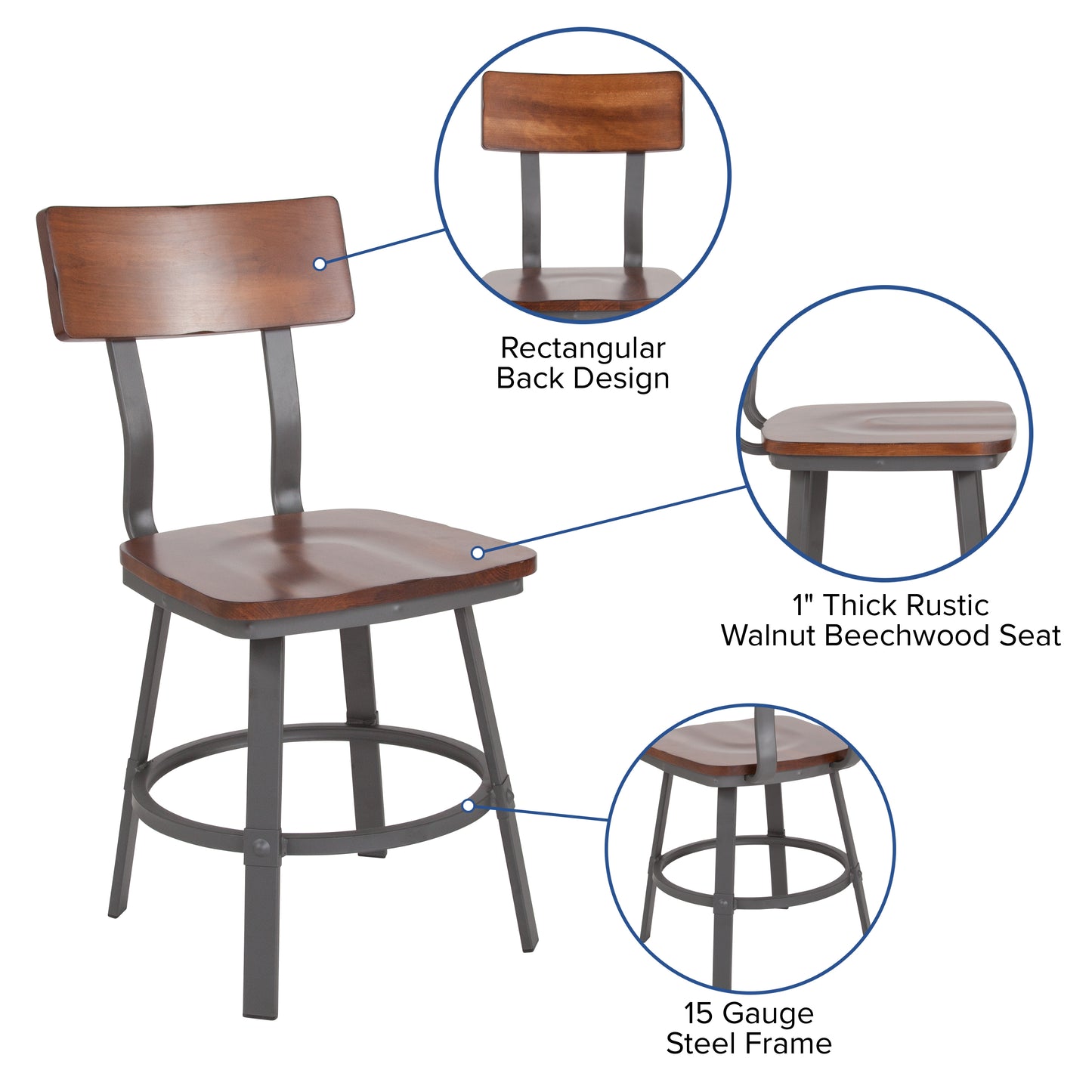 Flint Series Rustic Walnut Restaurant Chair with Wood Seat & Back and Gray Powder Coat Frame Rustic Walnut