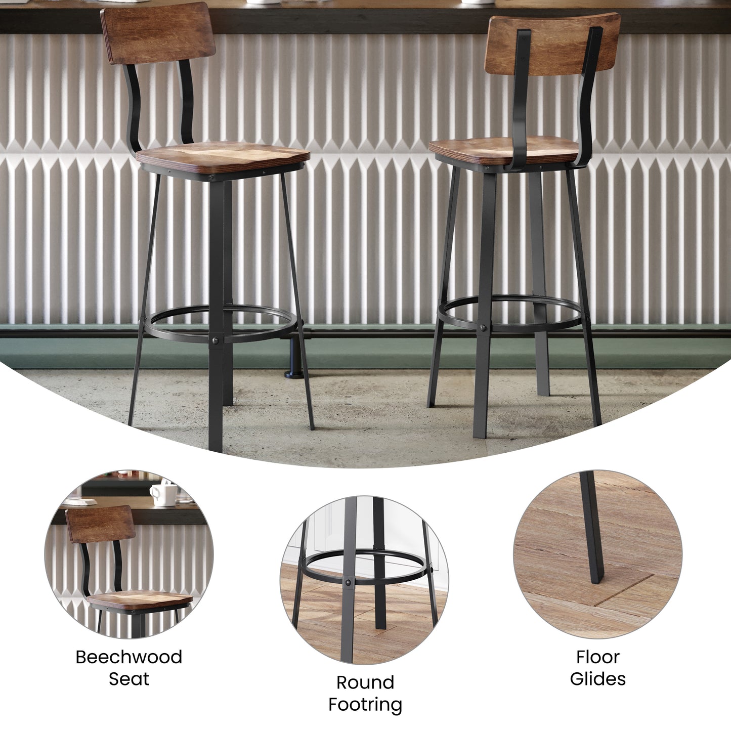 Flint Series Commercial Grade Antique Copper Restaurant Barstool with Wood Seat & Back and Gray Powder Coat Frame Antique Copper