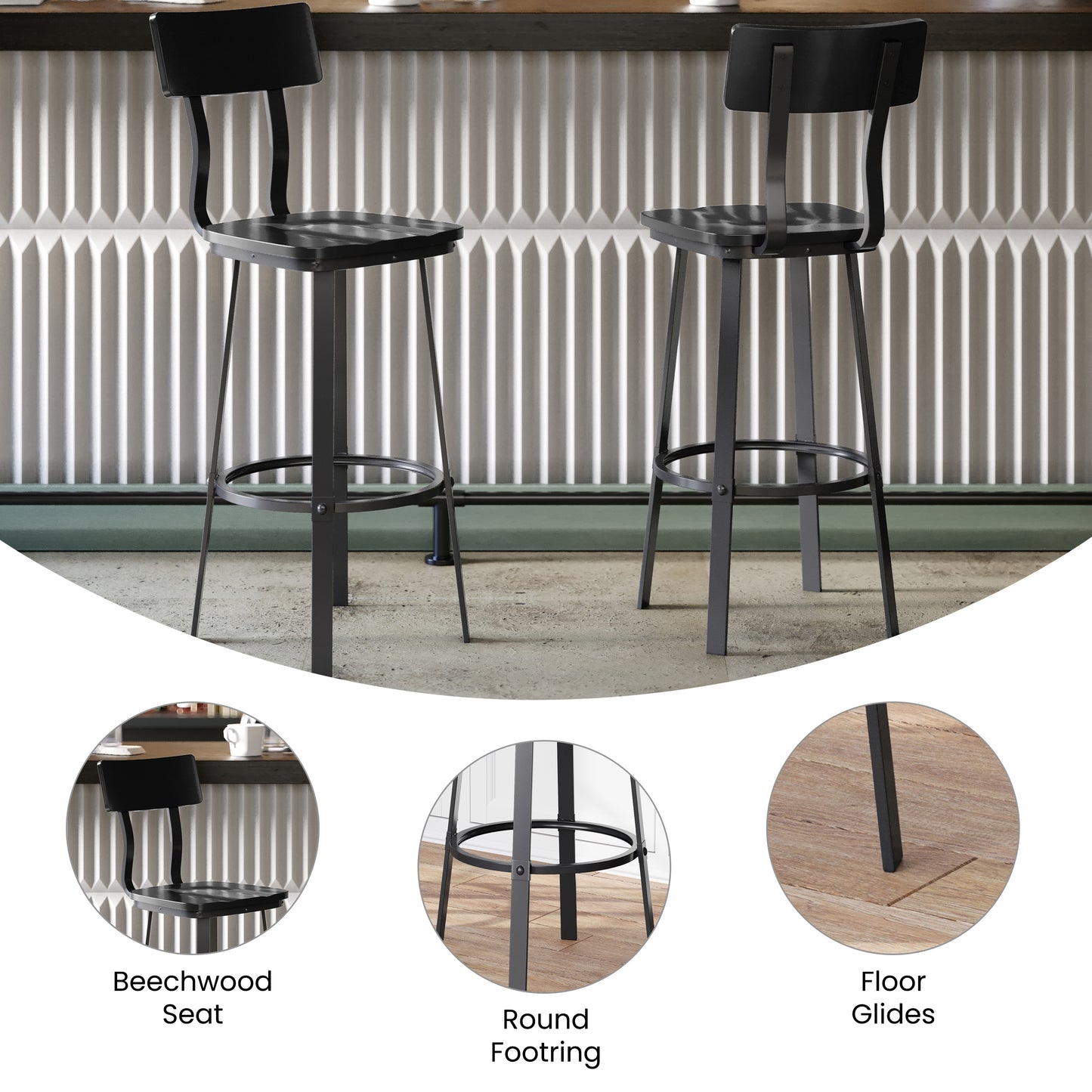 Flint Series Commercial Grade Black Restaurant Barstool with Wood Seat & Back and Black Powder Coat Frame Black