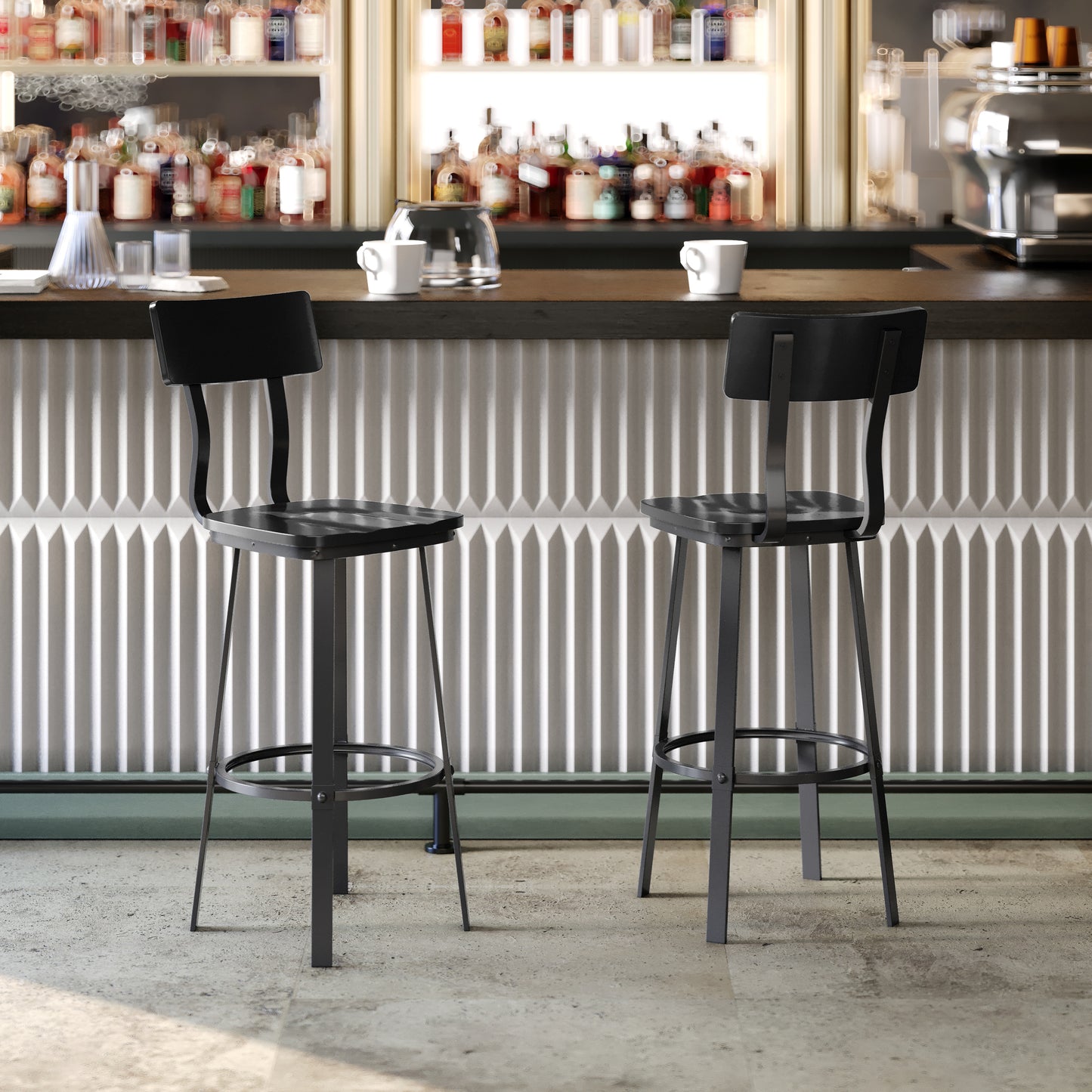 Flint Series Commercial Grade Black Restaurant Barstool with Wood Seat & Back and Black Powder Coat Frame Black